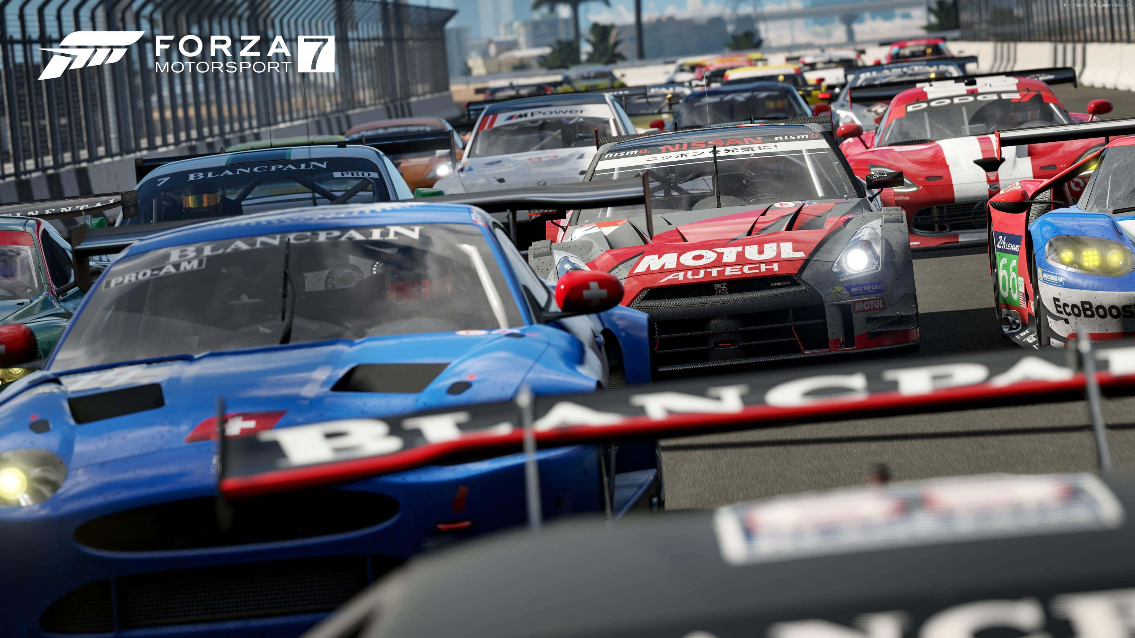 駕駛世界頂級賽車，體驗Forza Motorsport 7的極致賽車樂趣 壁紙 — 一組色彩繽紛的賽車在陽光照耀的賽道上激烈競爭，帶有模糊的運動和可見的贊助商標誌。