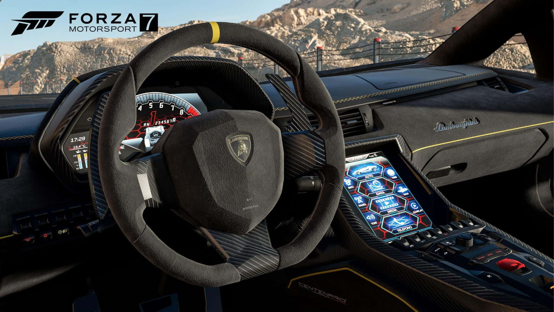 Forza Motorsport 7 中林寶堅尼的內部，藍色控制裝置和山景。