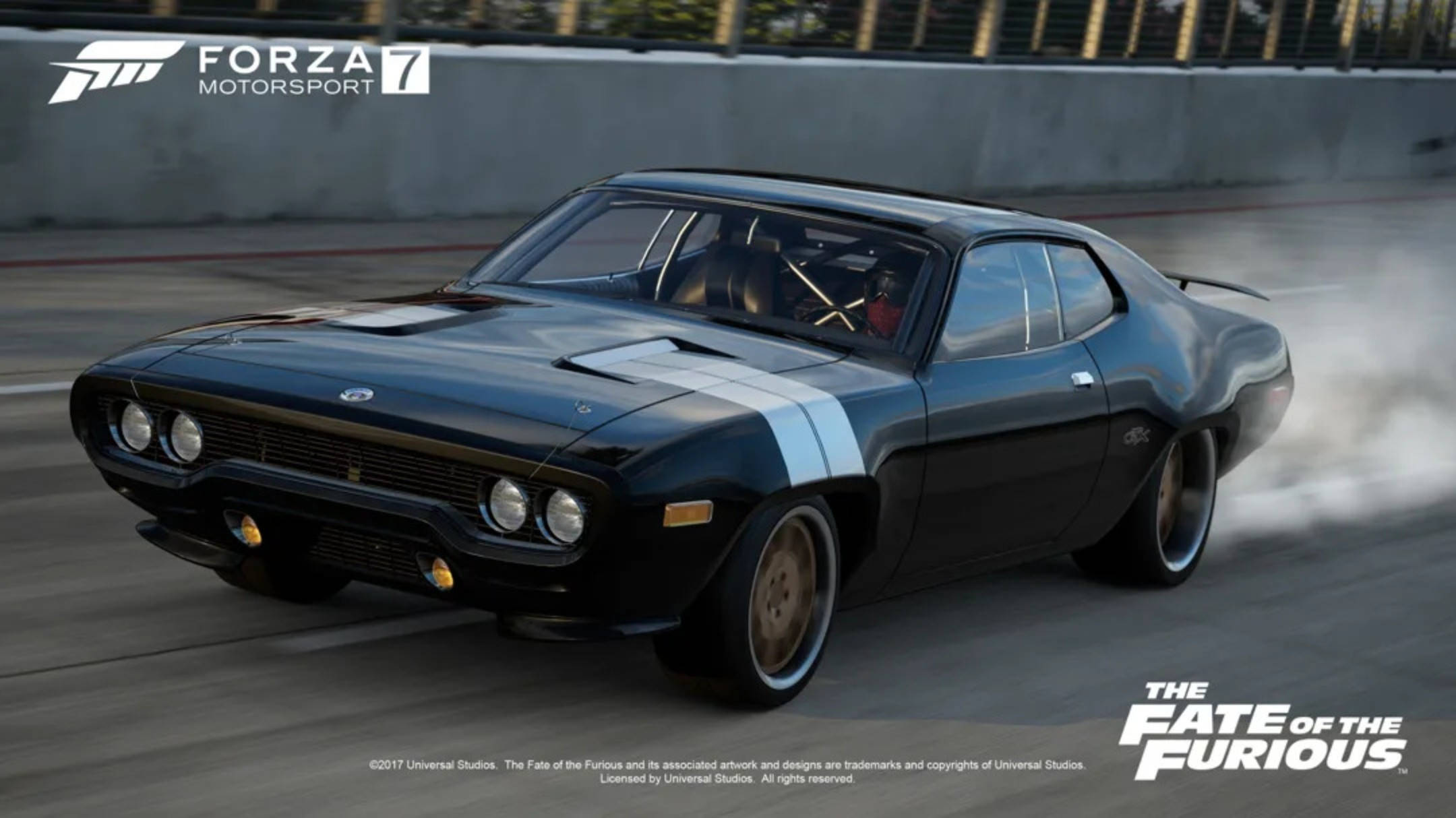 Forza Motorsport 7 1971普利茅斯GTX 壁紙 — 一輛帶有白色條紋的黑色經典肌肉車在賽道上飄移，輪胎冒出煙霧。
