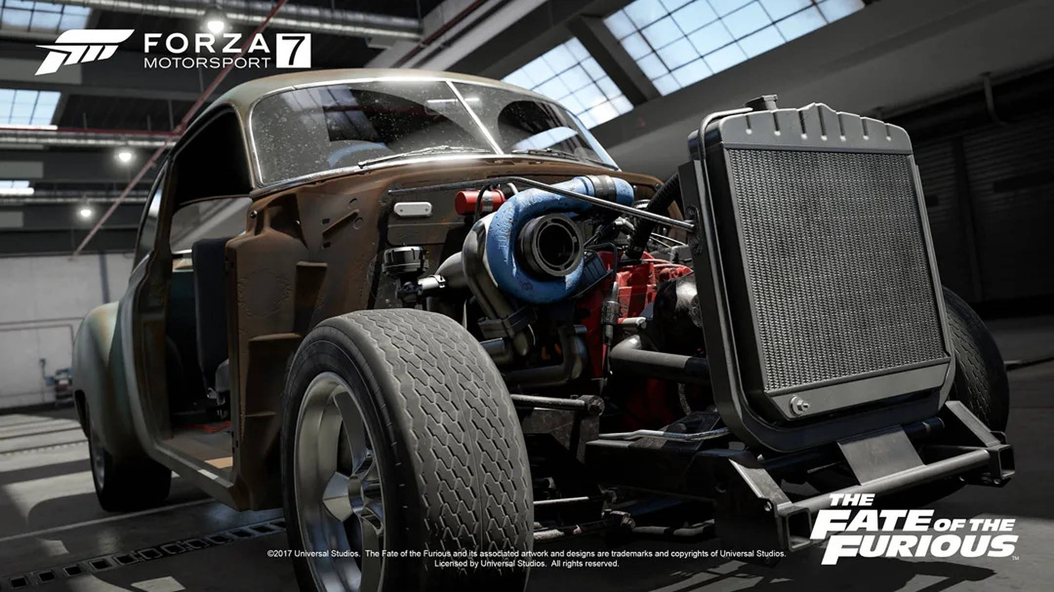 Forza Motorsport 7 1951雪佛蘭Fleetline 壁紙 — 一輛定製的熱棒車，帶有外露引擎和藍色渦輪增壓器，停在天窗下的車庫中。
