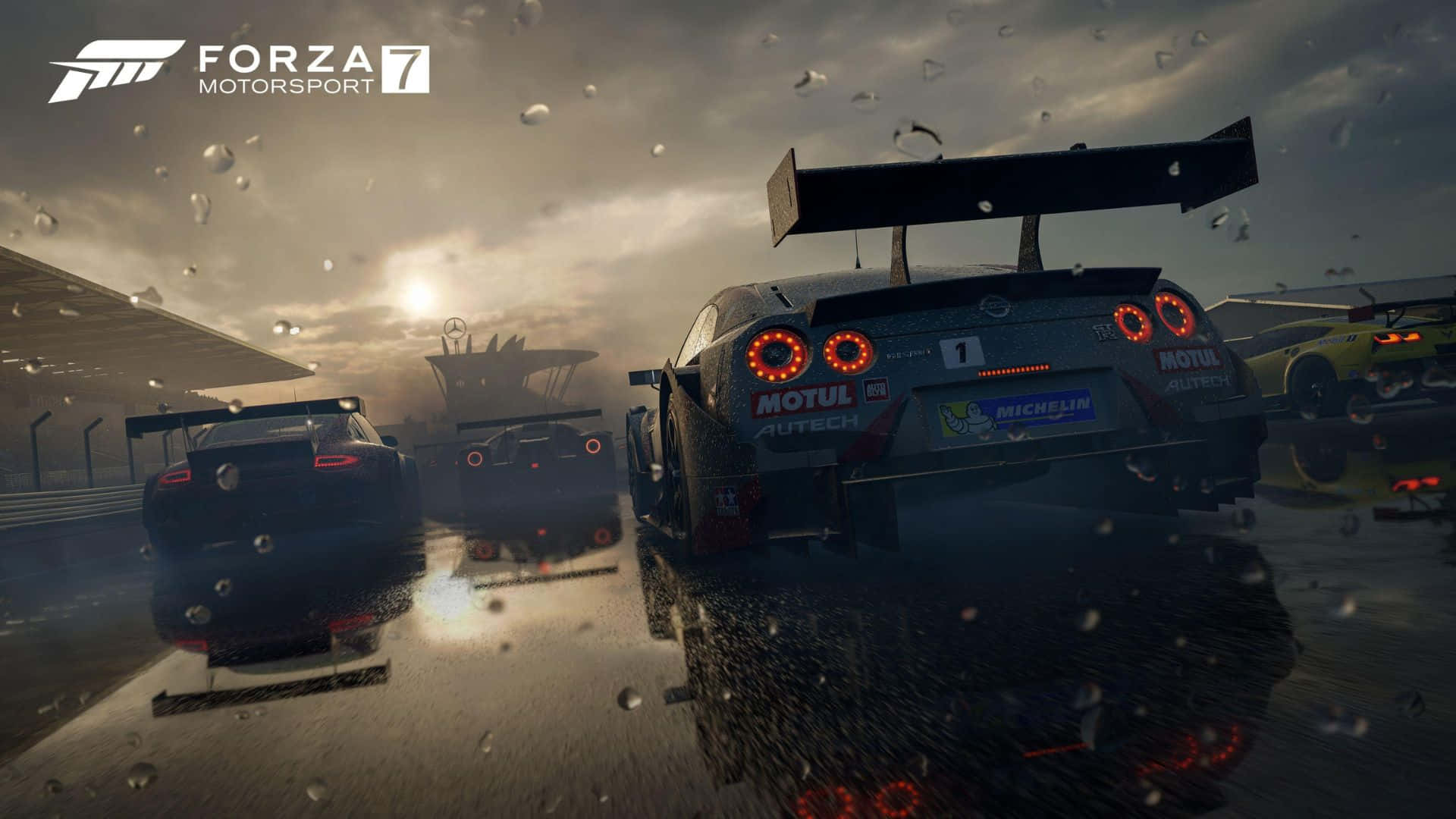 在《Forza Motorsport 7》中，賽車在潮濕的賽道上於下雨的黃昏飛馳。