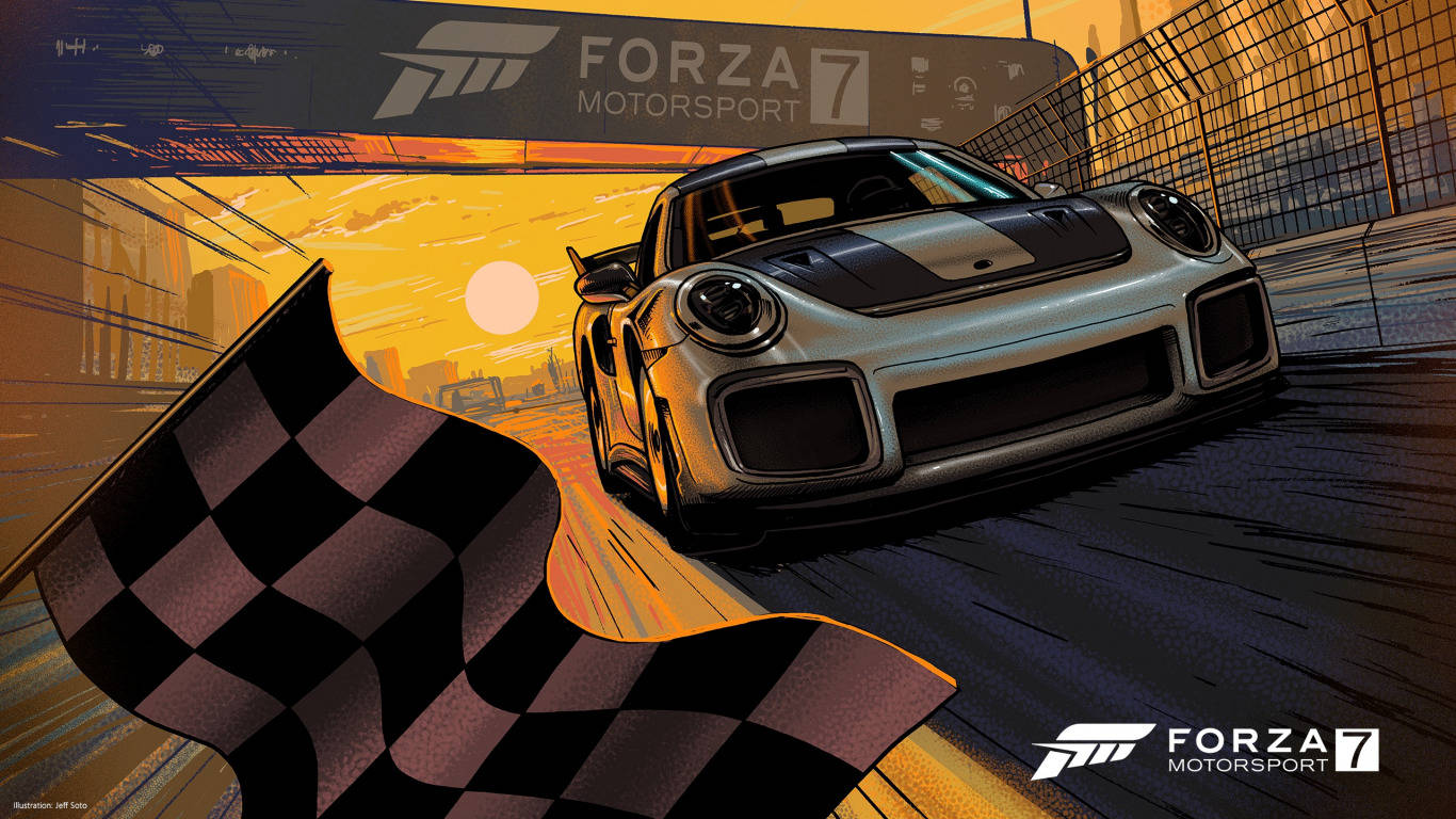 Forza Motorsport 7 高潮衝線瞬間 壁紙 — 一輛銀色保時捷賽車在金色夕陽下衝過終點線，前景中揮舞著格子旗。