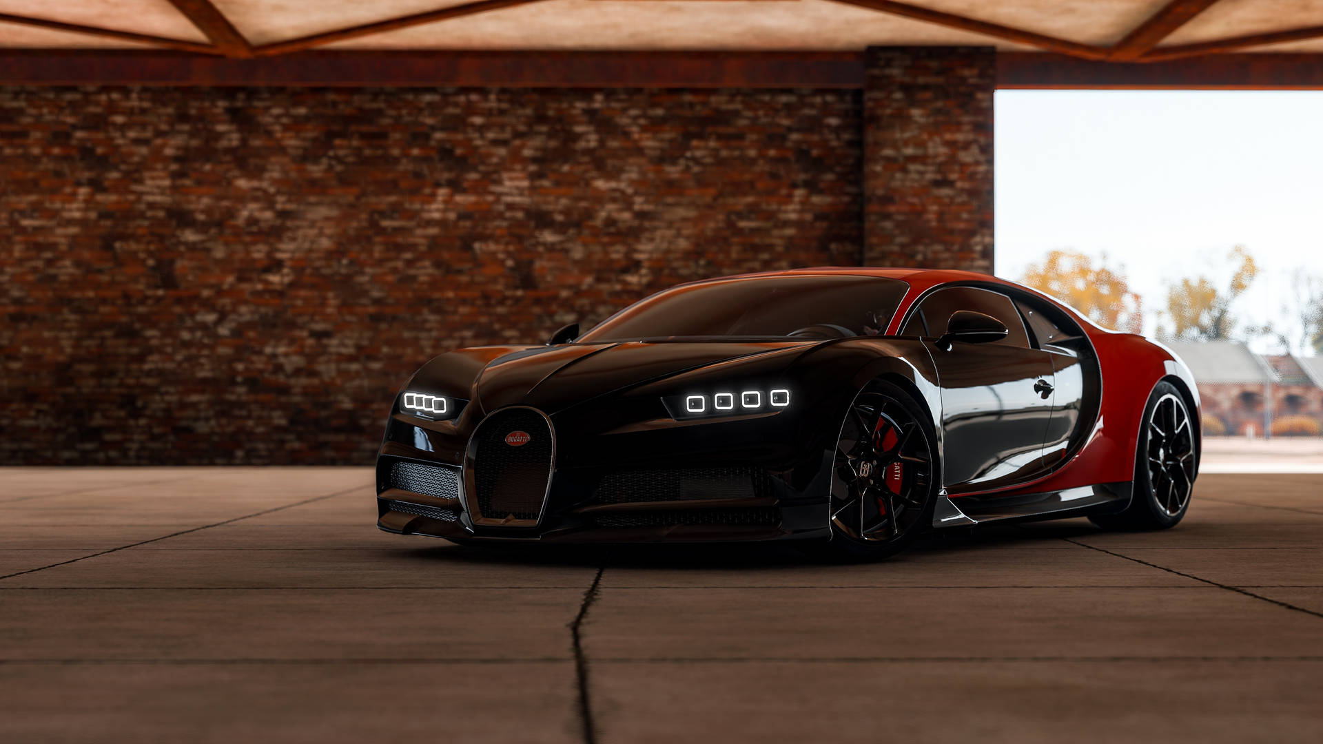 黑色和紅色Bugatti Chiron在磚牆車庫中，日光照射。