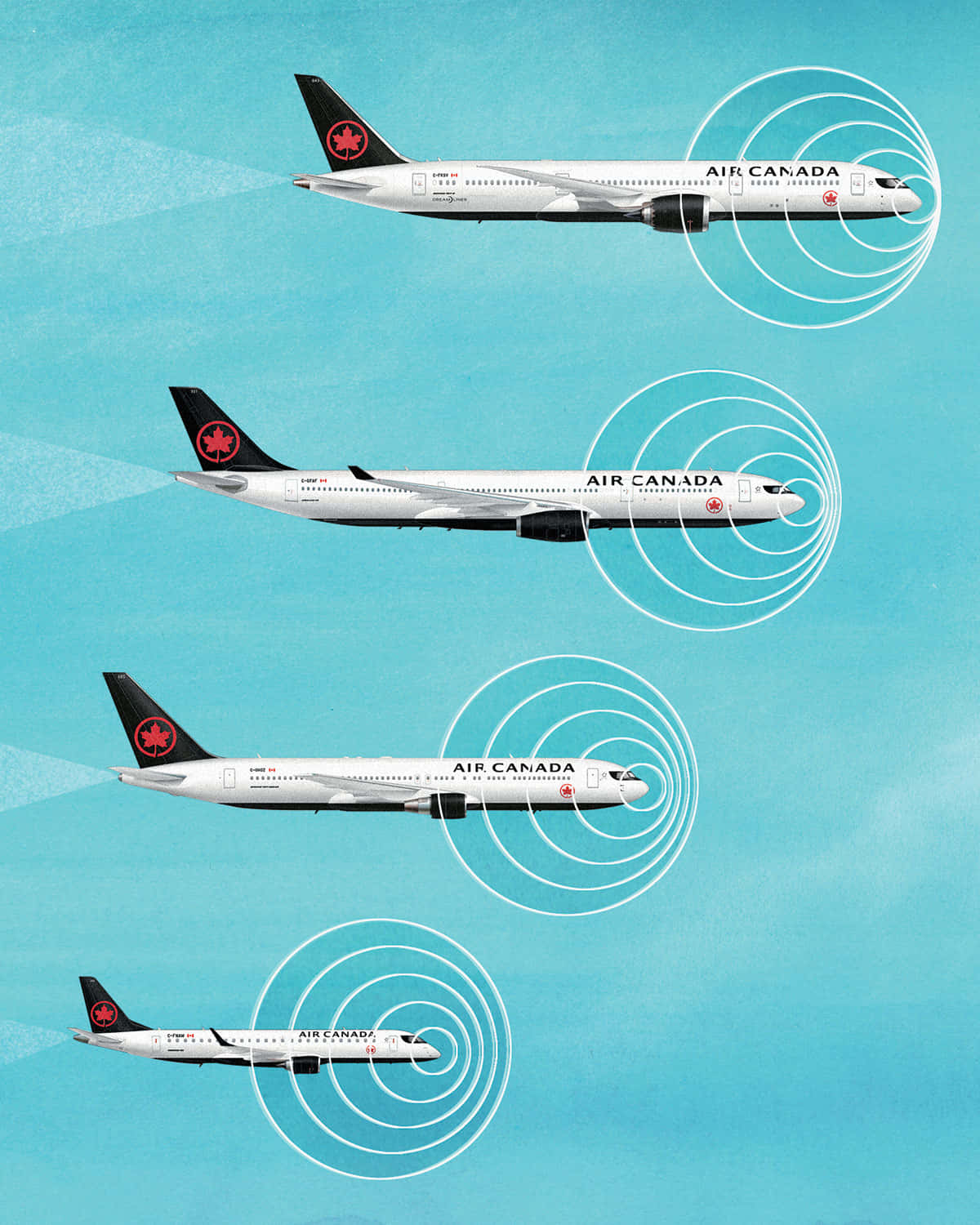 飛機翱翔於滿月夜空 壁紙 — 四架加拿大航空飛機對角線飛越青色天空，每架飛機後面都有同心白色圓圈，暗示運動或聲波。