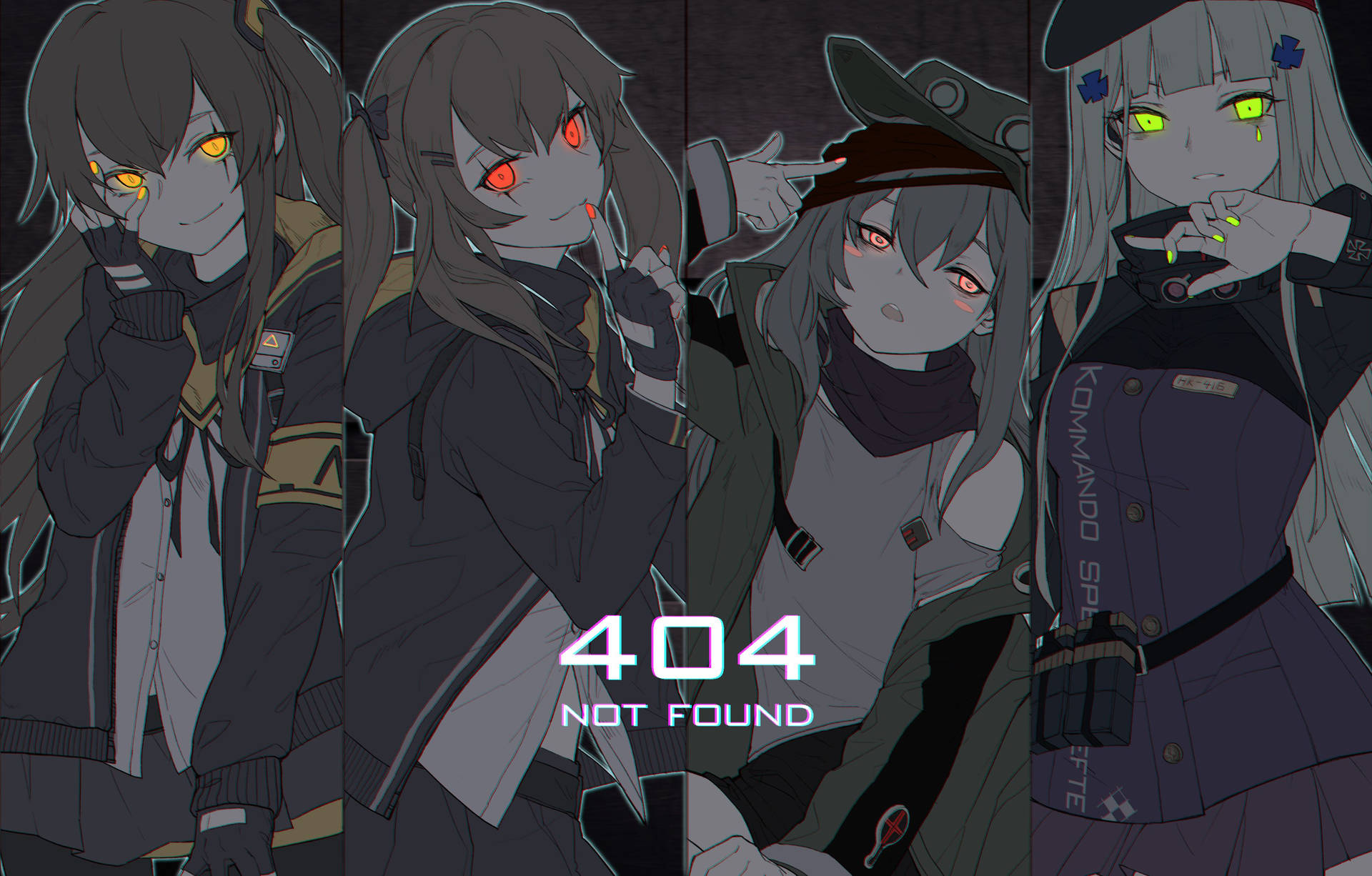 《少女前線》動漫海報 壁紙 — 四個動漫女孩，眼睛發光，穿著深色服裝，站在昏暗的場景中，帶有「404 NOT FOUND」文字疊加。