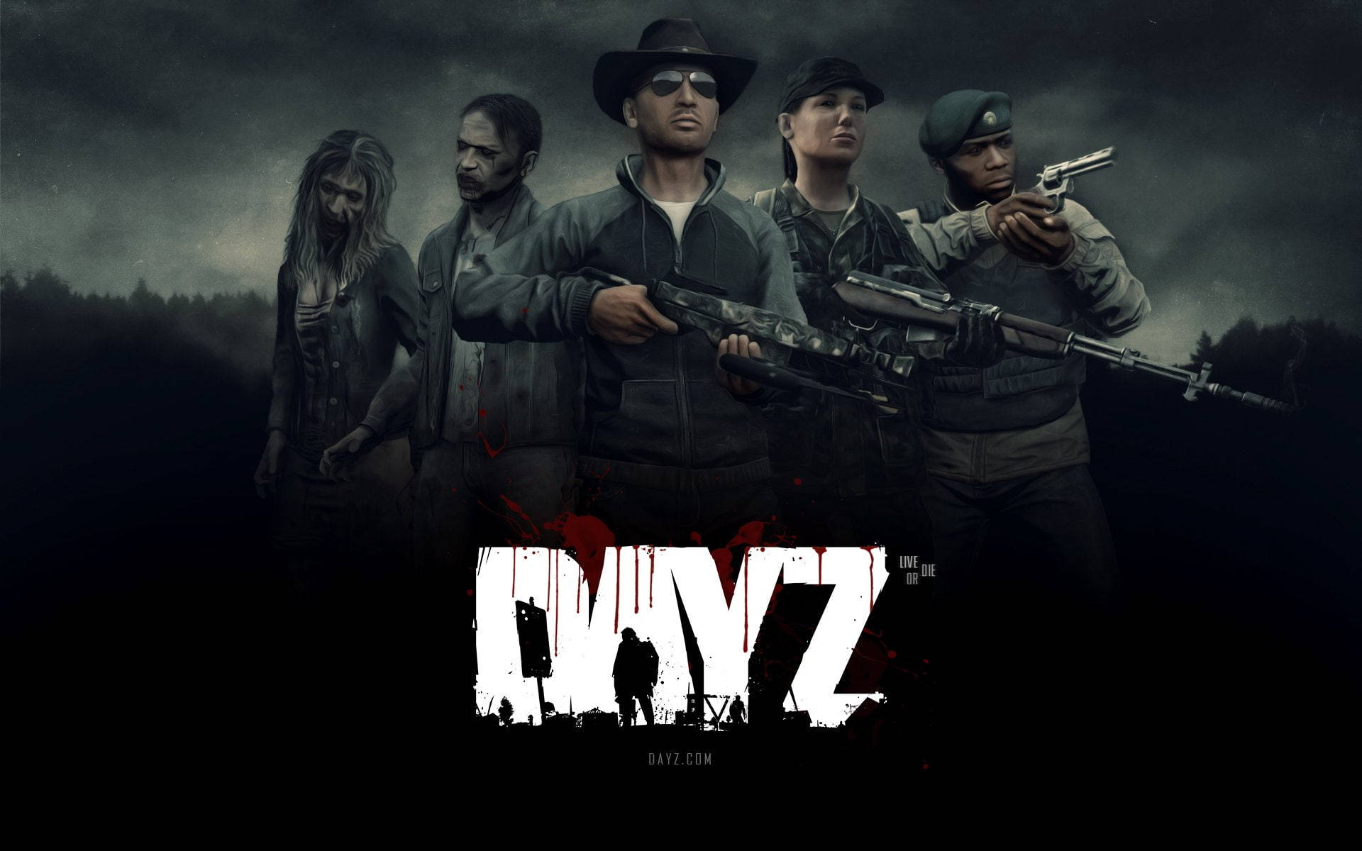 四名武裝倖存者在黑暗的森林中，帶有 DayZ 遊戲標誌。