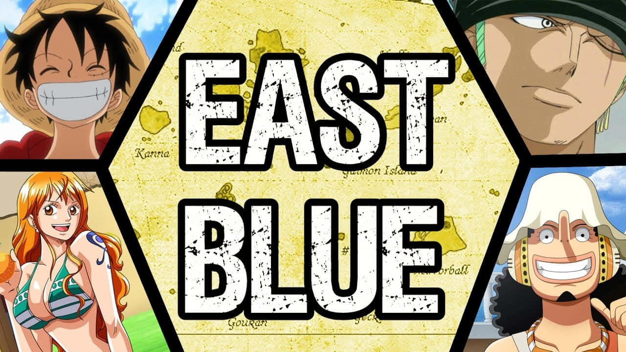四個動漫角色圍繞著一張標有 East Blue 的地圖。