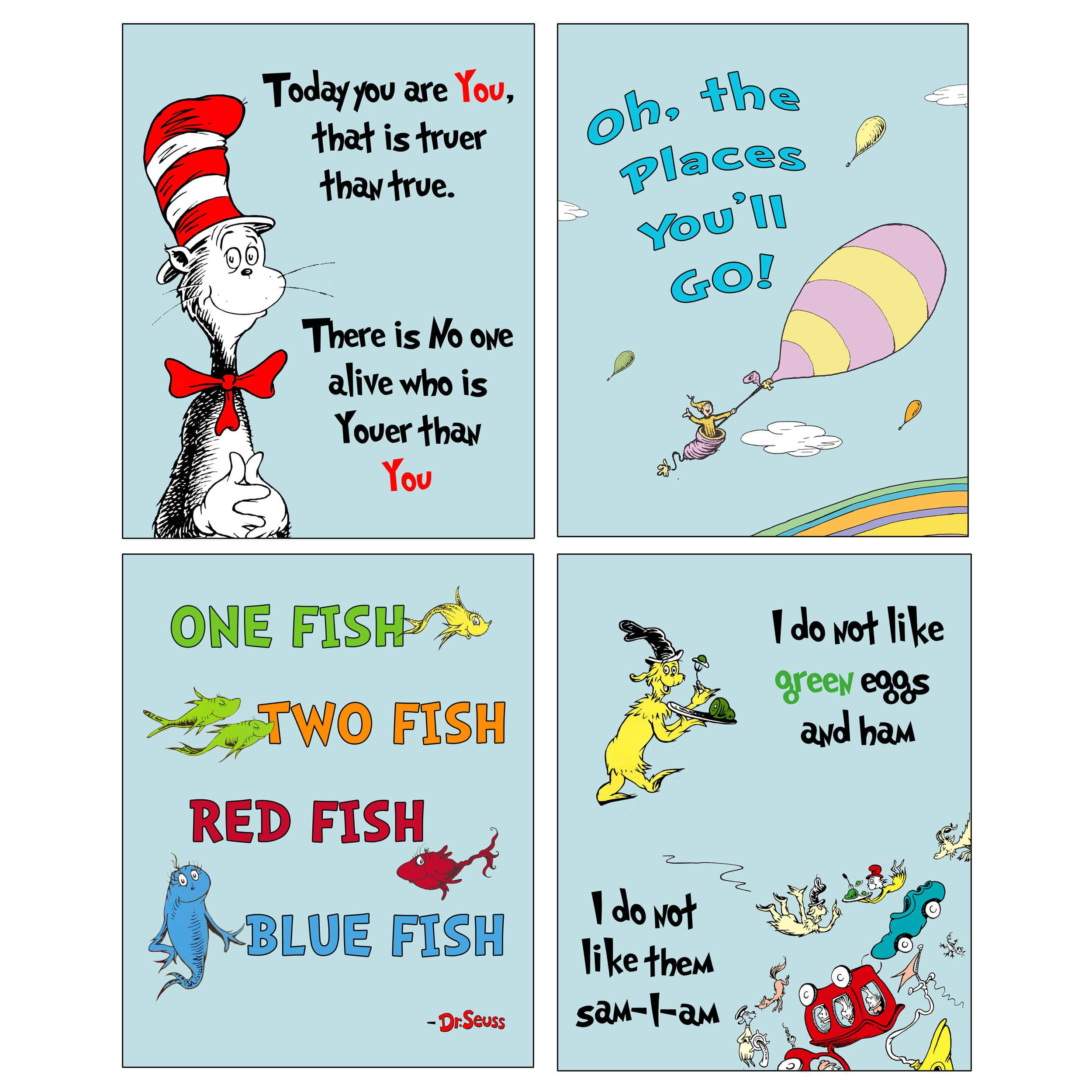 Dr Seuss 桌布 壁紙 — 四個Dr. Seuss插圖面板，描繪戴帽子的貓和異想天開的角色，在淺藍色背景上帶有俏皮文字。