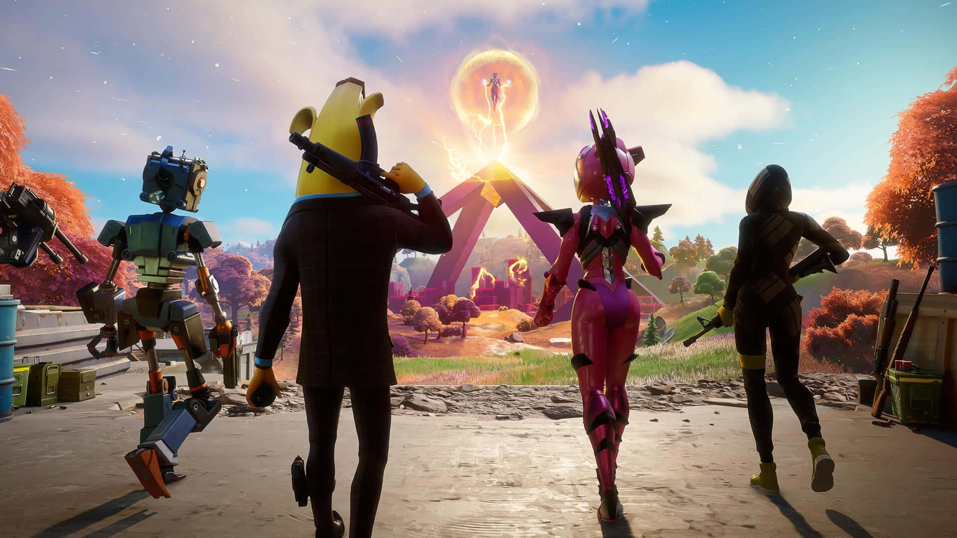  壁紙 — 四個穿著色彩繽紛服裝的Fortnite角色站在混凝土平台上，看著一個發光的身影從金字塔狀的結構中升起，天空明亮。