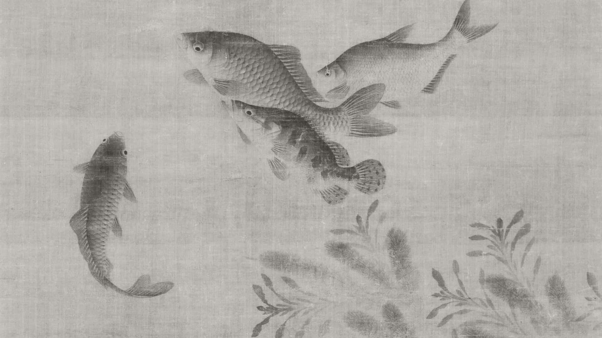  壁紙 — 四條優雅游動的魚在水中滑行，下方有精緻的水生植物，以單色水墨畫呈現。