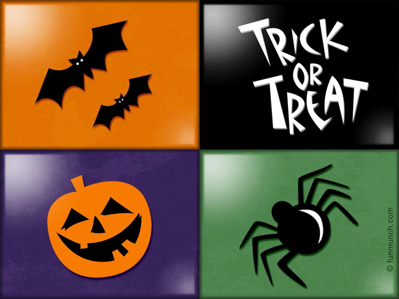 萬聖節圖標包括蝙蝠、南瓜燈、蜘蛛和 trick or treat 文字，以粗體剪影形式呈現。