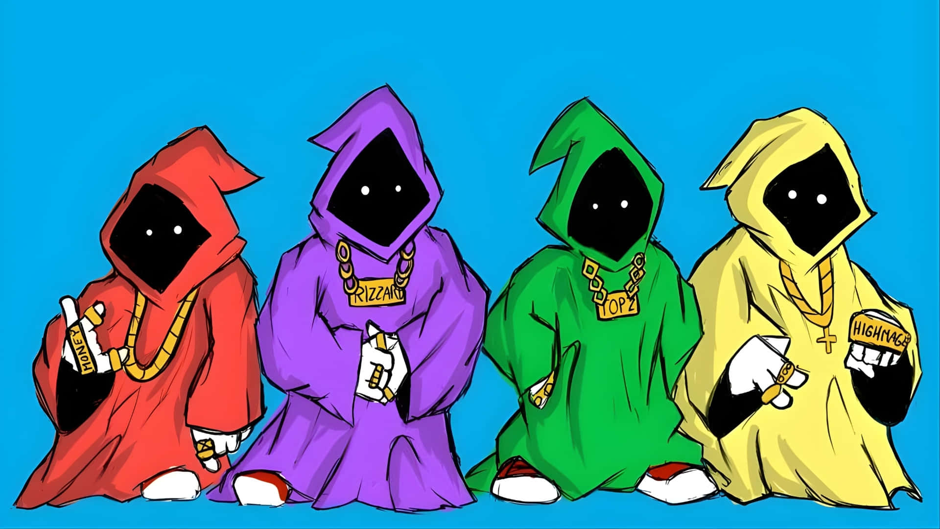  壁紙 — 四個戴頭巾的人物，身穿紅、紫、綠、黃色長袍，戴著金鏈，坐在明亮的藍色背景前。