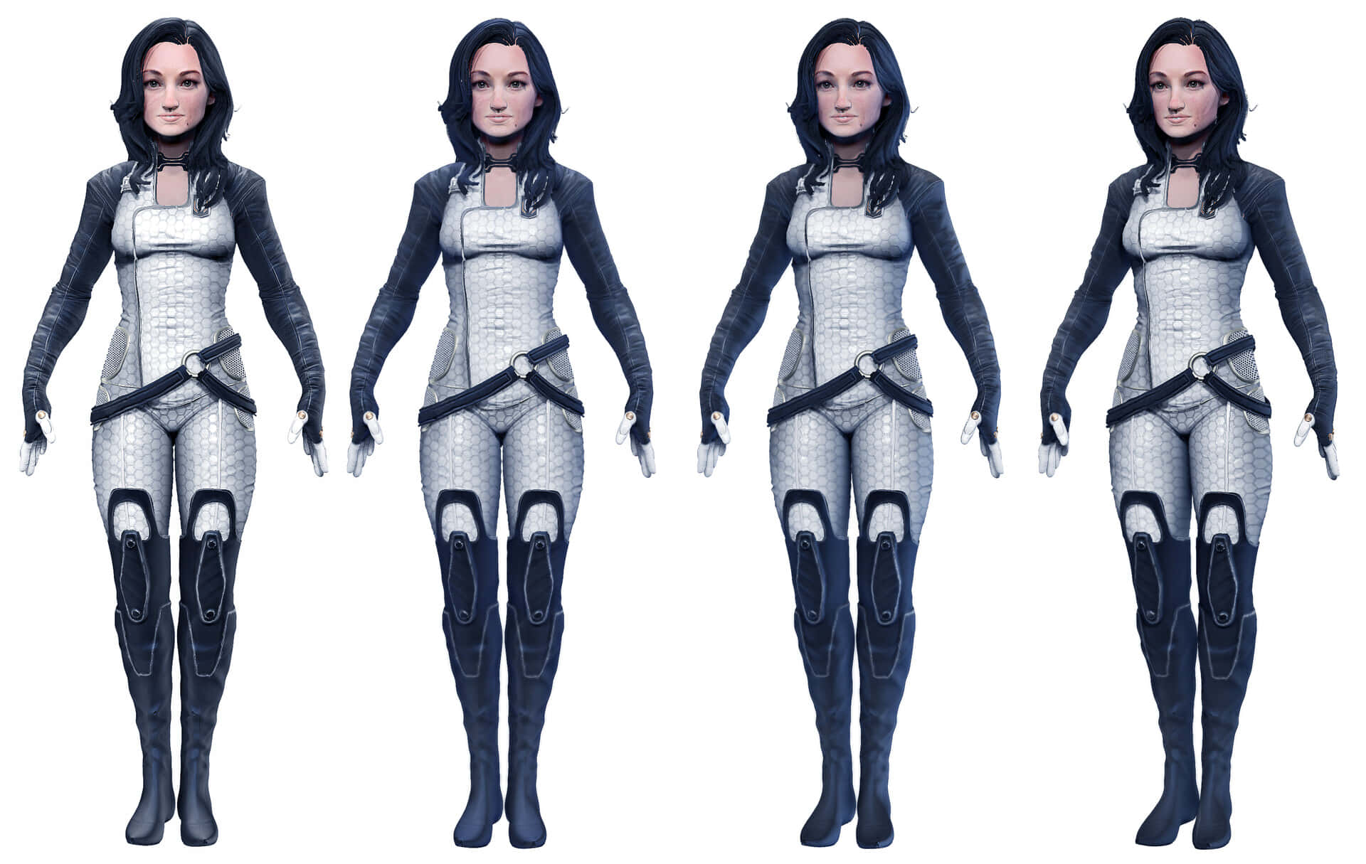 Miranda Lawson 桌布 壁紙 — 四個相同的女性科幻角色穿著銀色和黑色裝甲服，排成一排站在純白色背景前。