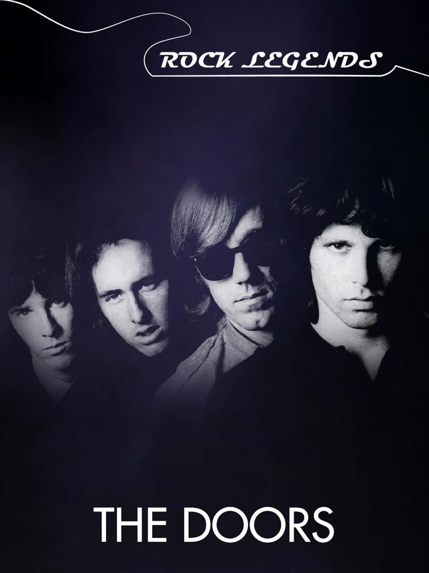  壁紙 — 四位強烈的搖滾音樂家在「ROCK LEGENDS」文字下，以充滿氣氛的黑白肖像直視前方。