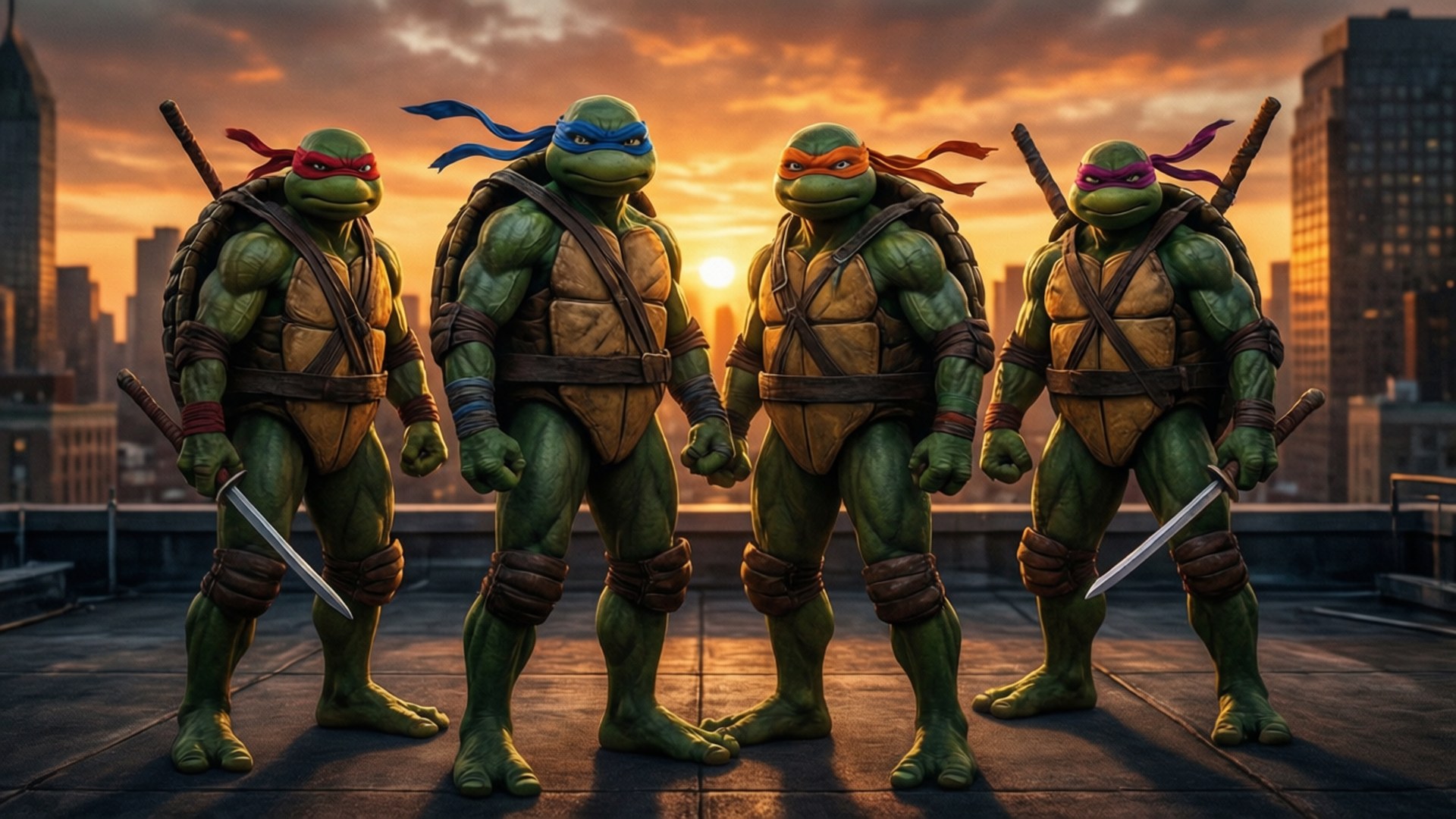 tmnt 桌布 壁紙 — 四隻忍者龜在日落時分站在城市屋頂上，身後是摩天大樓。