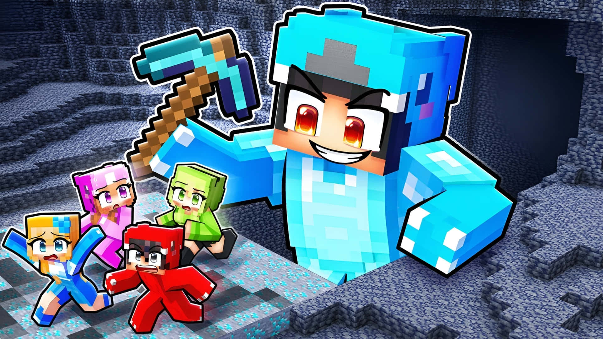  壁紙 — 四個像素化的Minecraft角色表情豐富，在黑暗的石洞中手持工具站立。