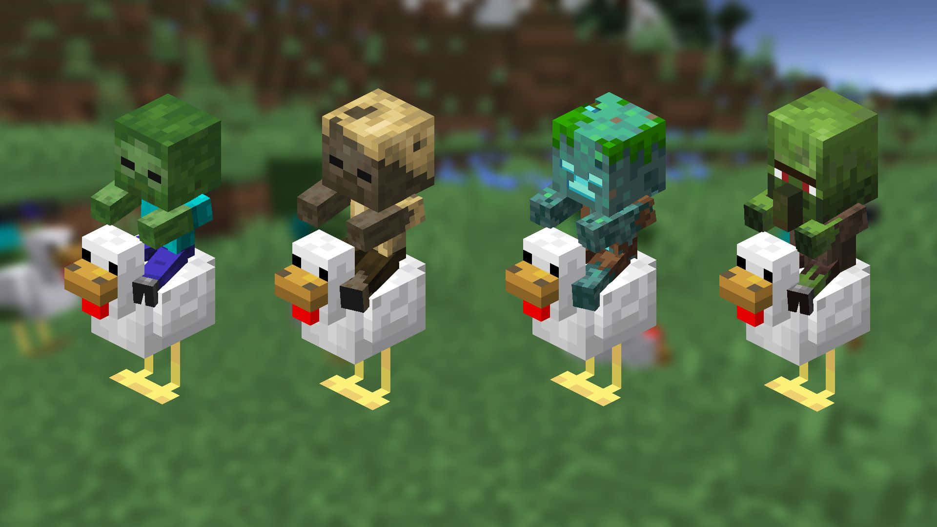  壁紙 — 四個像素化的Minecraft生物騎著白色雞隻，在晴朗天空下的草地上奔馳。