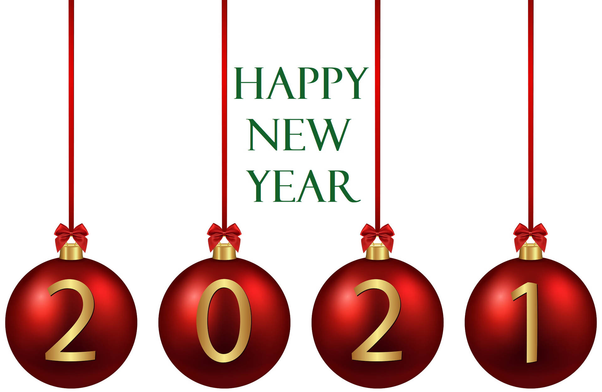 四個紅色裝飾用金色數字拼出2021，綠色文字寫著新年快樂。