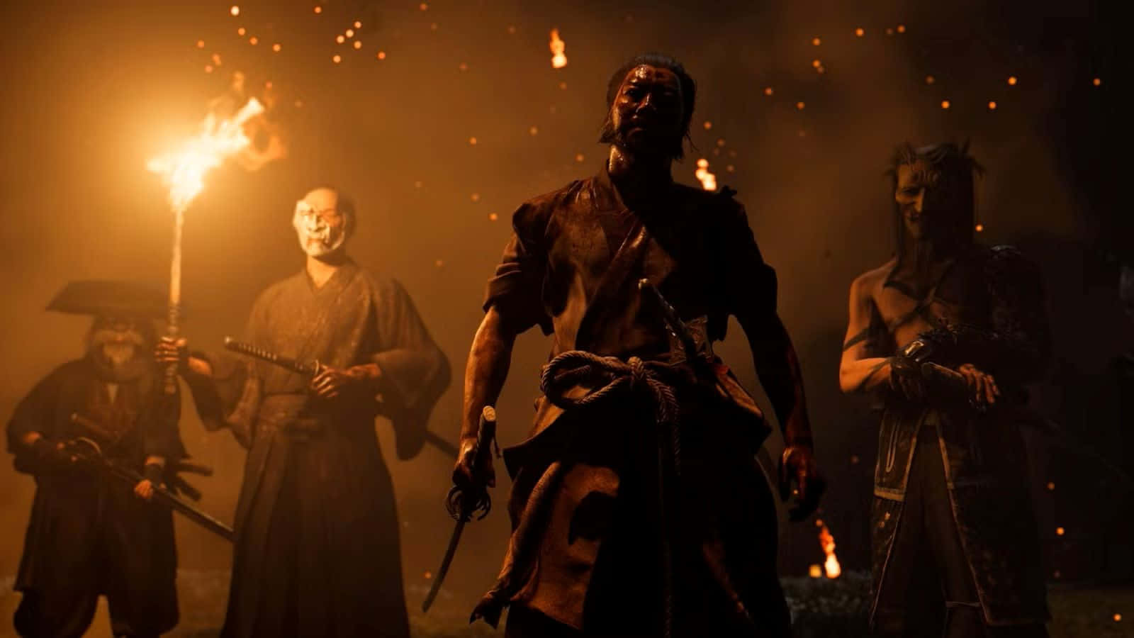  壁紙 — 四位武士戰士站在一個火熱的夜晚場景中，火炬投射出戲劇性的陰影，發光的餘燼在空中飄浮。