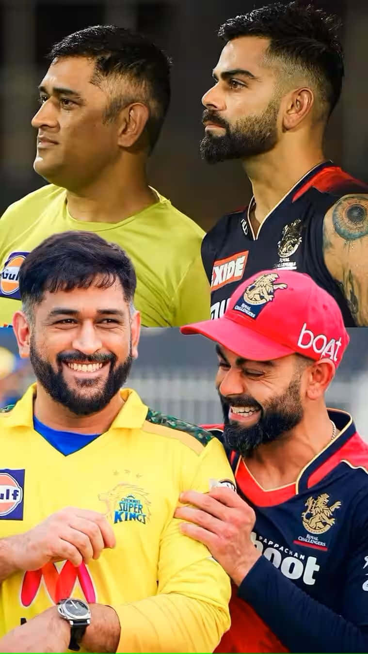 Virat Kohli And Dhoni 桌布 壁紙 — 四位面帶微笑的板球運動員身穿隊服，在充滿活力的體育場環境中一起擺姿勢。