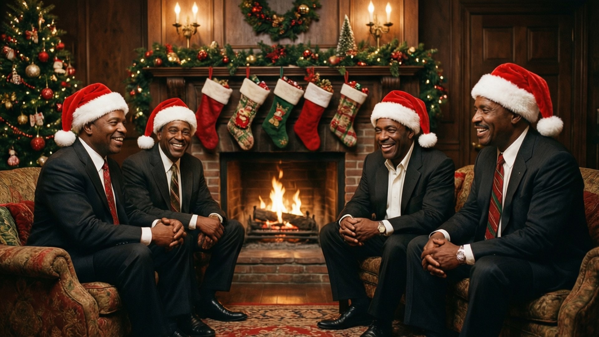 Christmas Harmony 壁紙 — 四個穿著西裝和聖誕帽的微笑男人聚集在一個溫暖照明的聖誕客廳中，圍繞著熊熊燃燒的壁爐。