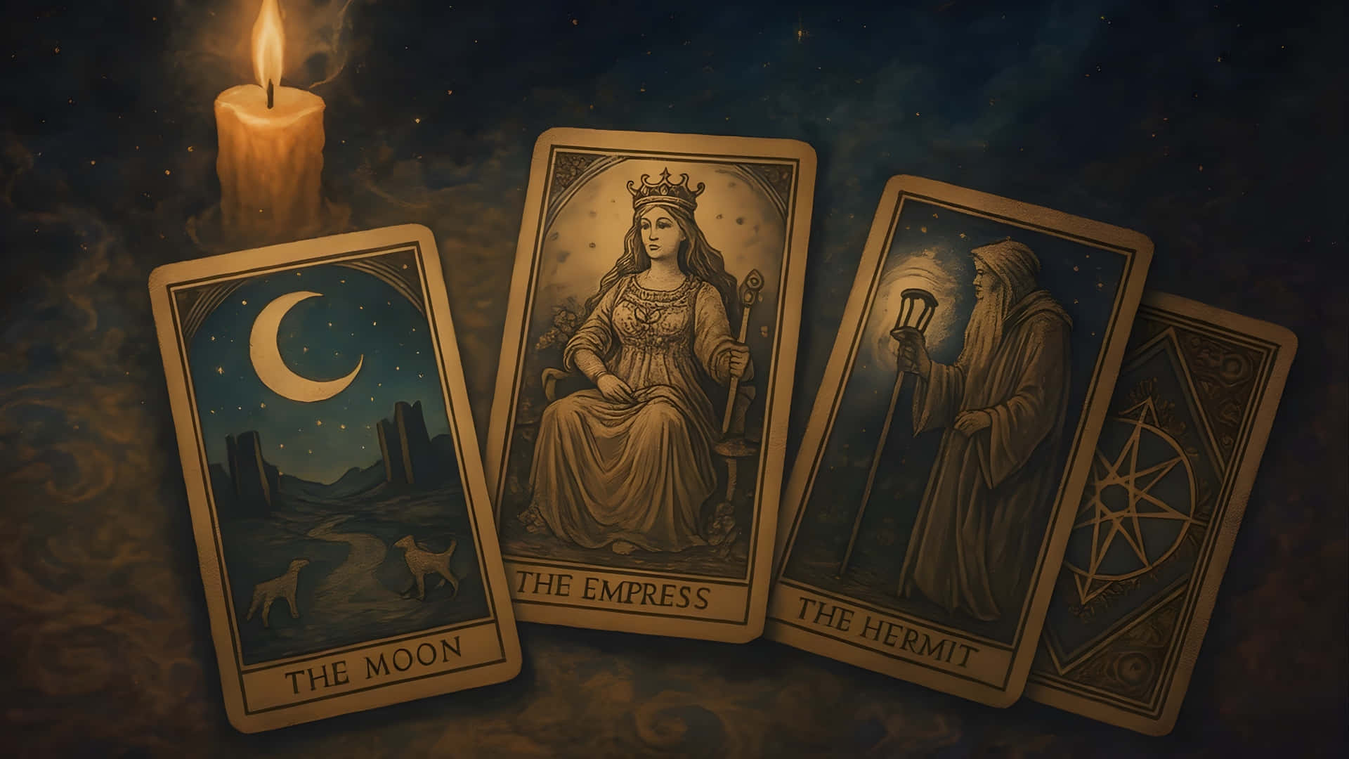  壁紙 — 四張塔羅牌：月亮、女皇、隱士和星星，在閃爍的燭光下，襯托著繁星點點的夜空，散發著光芒。