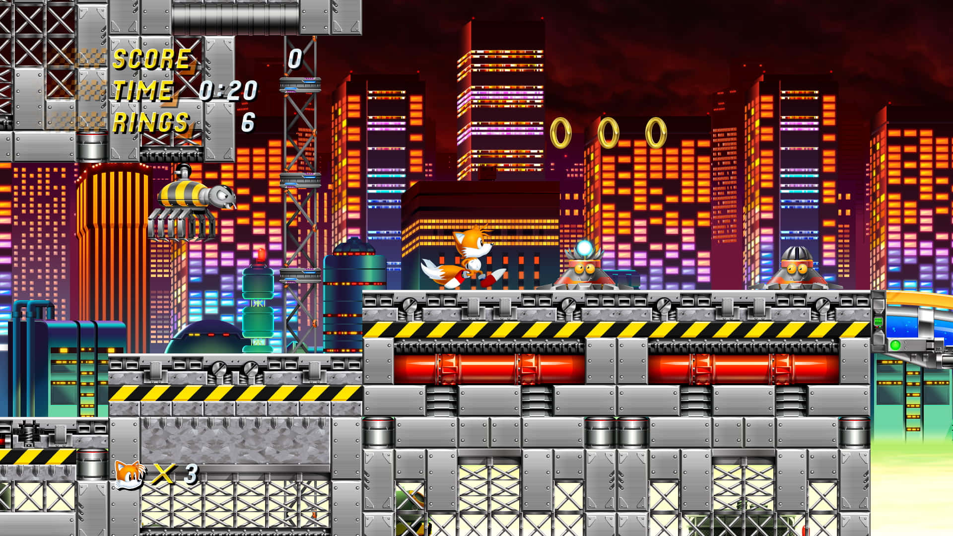 Sonic Chemical Plant 桌布 壁紙 — Fox McCloud 在經典的16位元電玩場景中，穿過霓虹燈照亮的未來城市景觀。