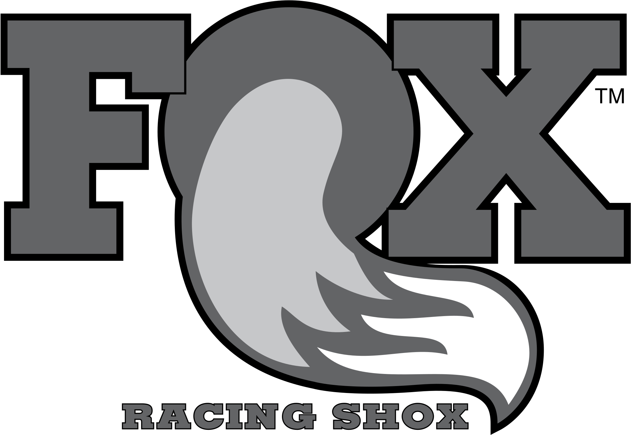 Fox Racing Shox 標誌 壁紙 — 一個風格化的灰色狐狸標誌，帶有火焰狀尾巴，融入粗體字母中，在黑色背景上拼出 FOX。