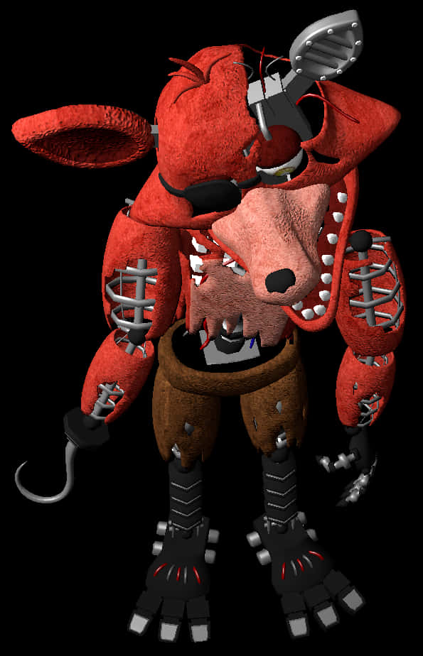五夜驚魂 Foxy 角色渲染圖 壁紙 — 一隻帶有外露電線和鉤手的紅色機械狐狸，在黑色背景前顯得威脅。