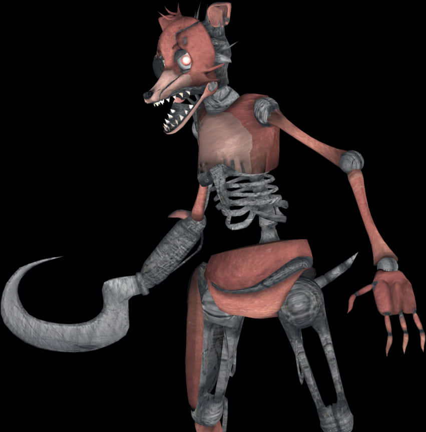 Foxy 海盜動態機械人 壁紙 — 一個具威脅性的3D渲染狐狸狀生物，露出骨骼，紅色眼睛發光，背景為黑色。