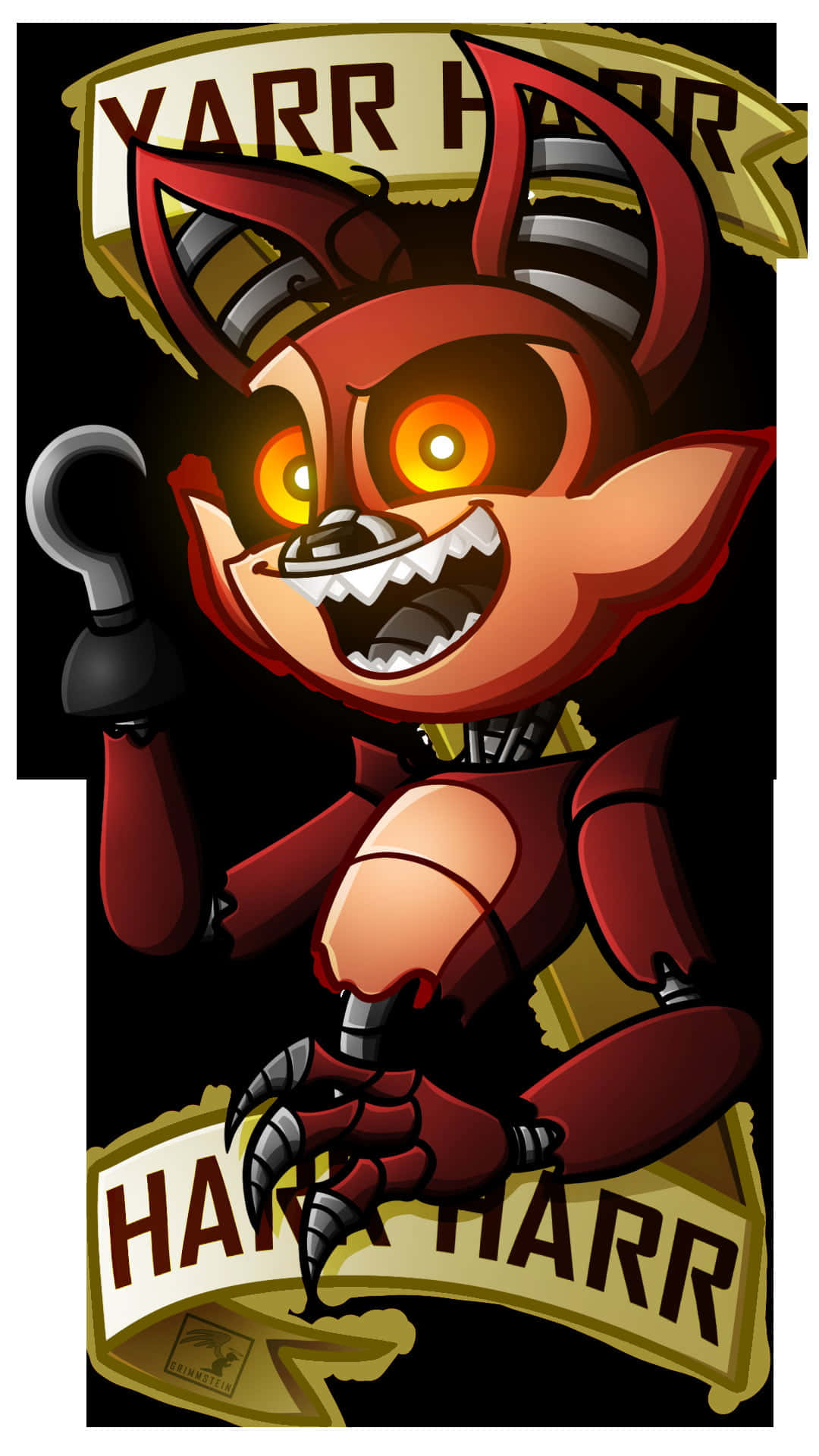鄉村清晨的Foxy 壁紙 — 一隻帶有發光橙色眼睛和鉤手的威脅性紅色狐狸電子動畫在「HARR HARR」橫幅下擺姿勢。