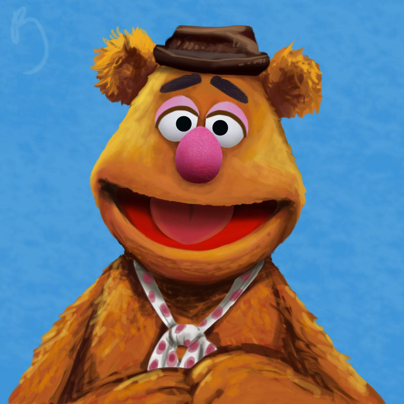Fozzie Bear畫作 壁紙 — Fozzie Bear 戴著棕色帽子和波點領帶，在純藍色背景上愉快地微笑。