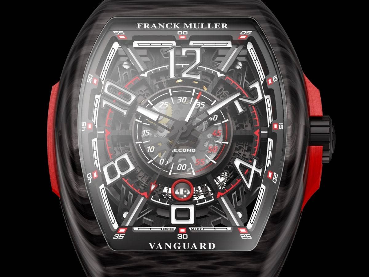 Franck Muller Vanguard奢華手錶，黑色碳纖維配紅色點綴。