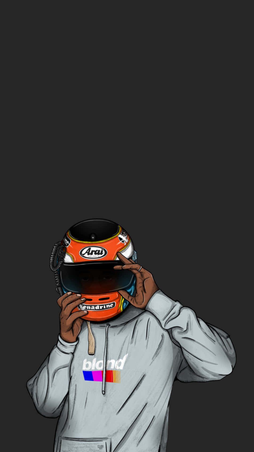 Frank Ocean《Blonde》專輯封面 壁紙 — 一個穿著灰色連帽衫的人舉起一個橙色賽車頭盔，在黑暗背景下只露出他們的手。