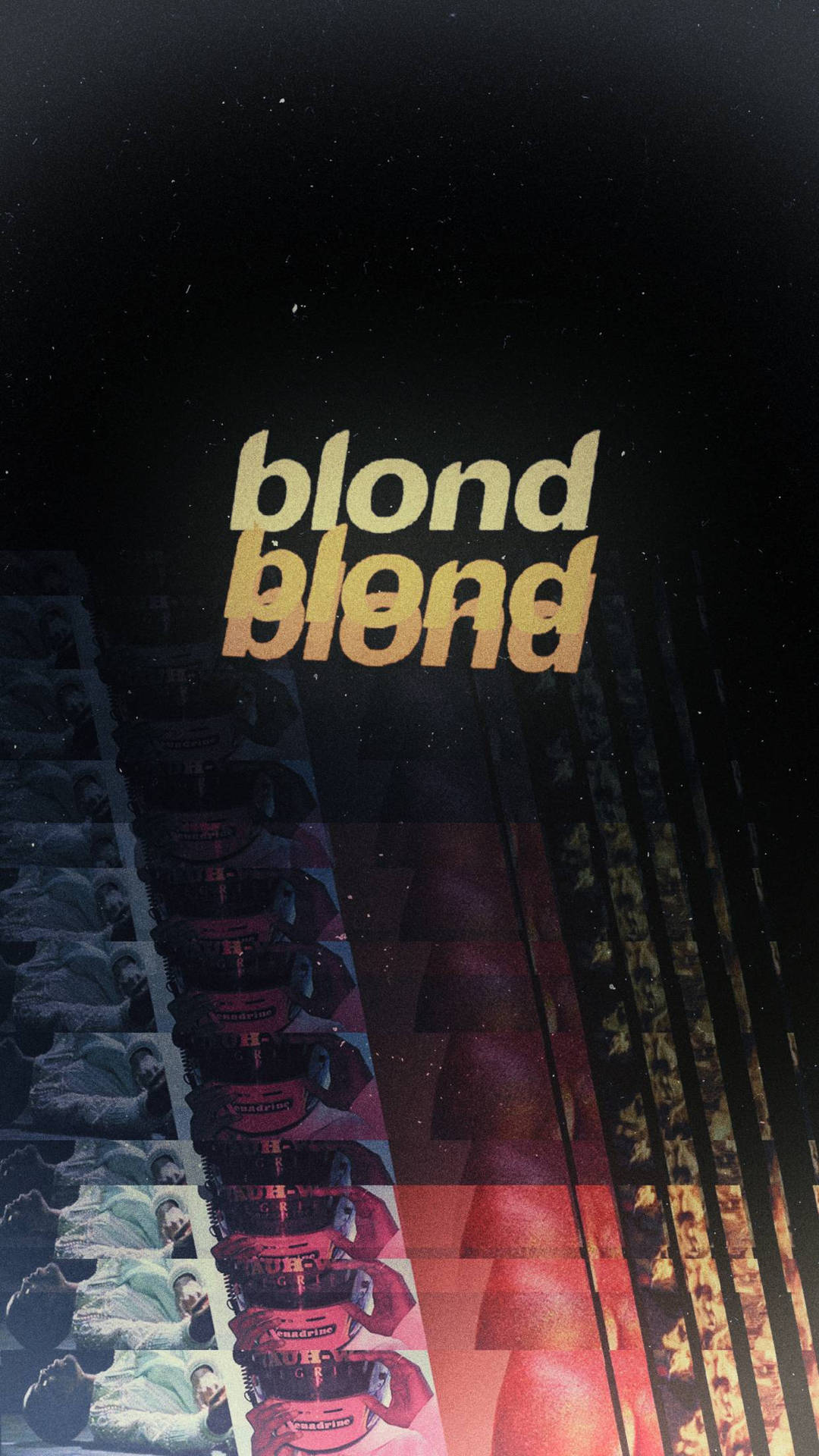 黃色文字 'blond blend' 在黑暗背景上，帶有垂直條紋的面孔。