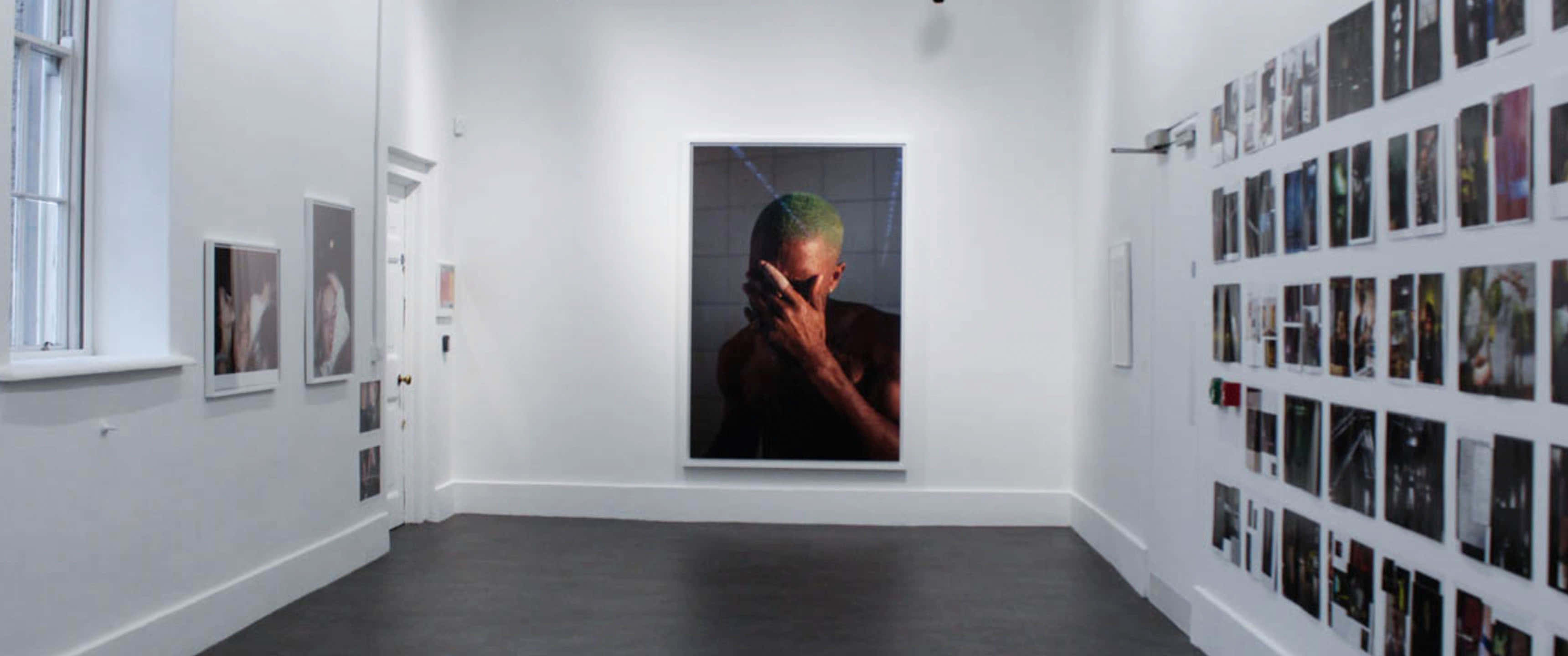 Frank Ocean 帶來音樂巨作《Blonde》 壁紙 — 一個白色牆壁的畫廊房間展示了一張大照片，照片中的人用綠色頭髮遮住臉，而較小的照片則覆蓋了另一面牆。