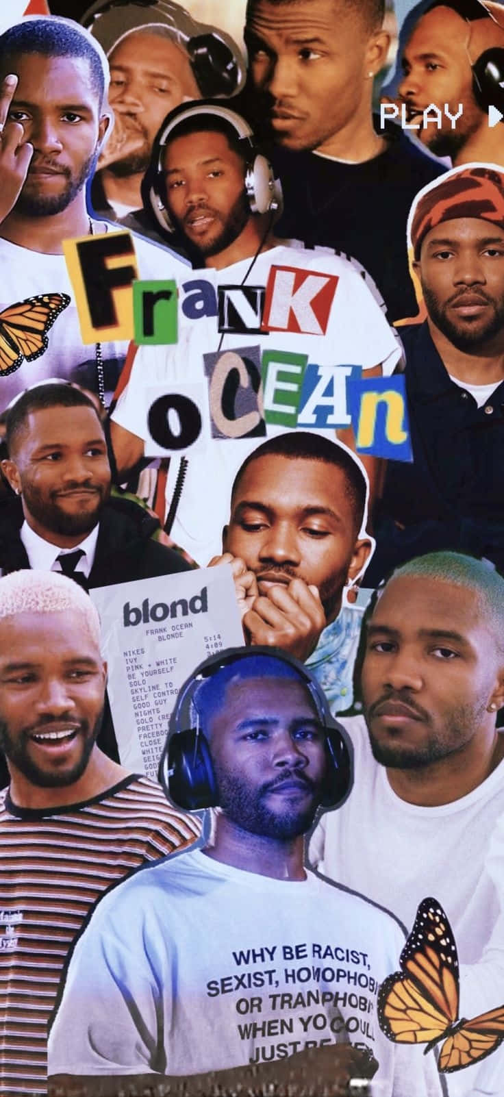  壁紙 — 以蝴蝶和專輯藝術點綴，Frank Ocean 的臉部以多種姿勢和服裝呈現的鮮明拼貼畫。