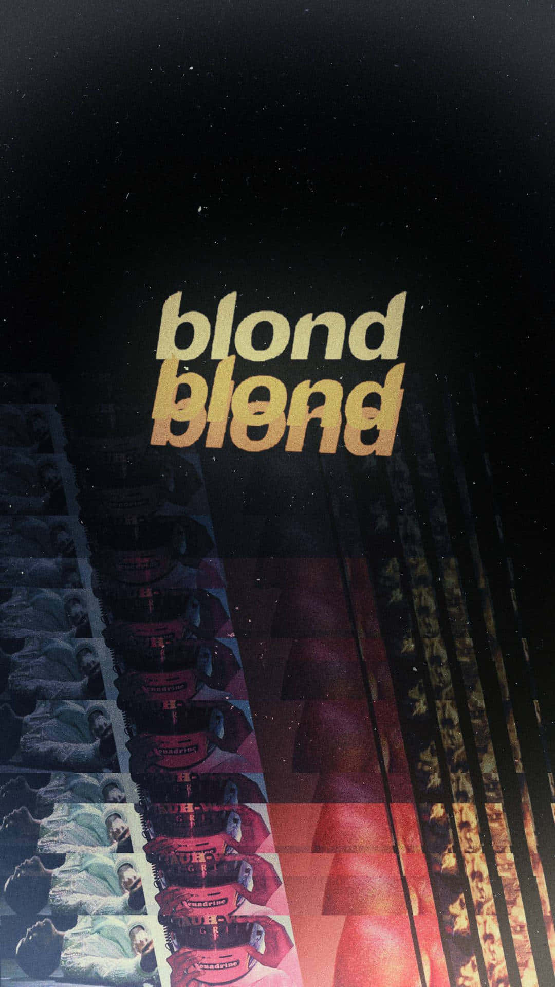 歌手兼創作人 Frank Ocean 神秘安詳的凝視 壁紙 — 粗體金色文字顯示「blond blend」，背景為黑暗星空，並有垂直條紋重複出現的臉孔，色調柔和。