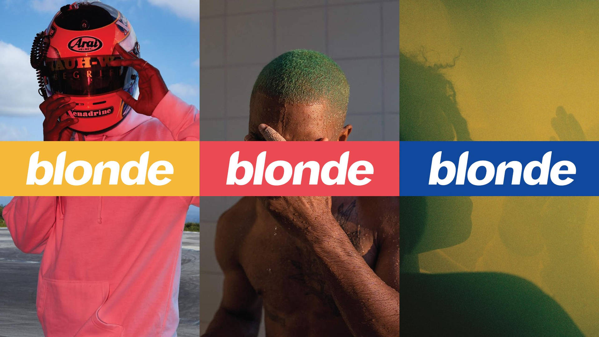 三位人物在鮮豔的「blonde」橫幅下展現獨特髮色和姿勢。