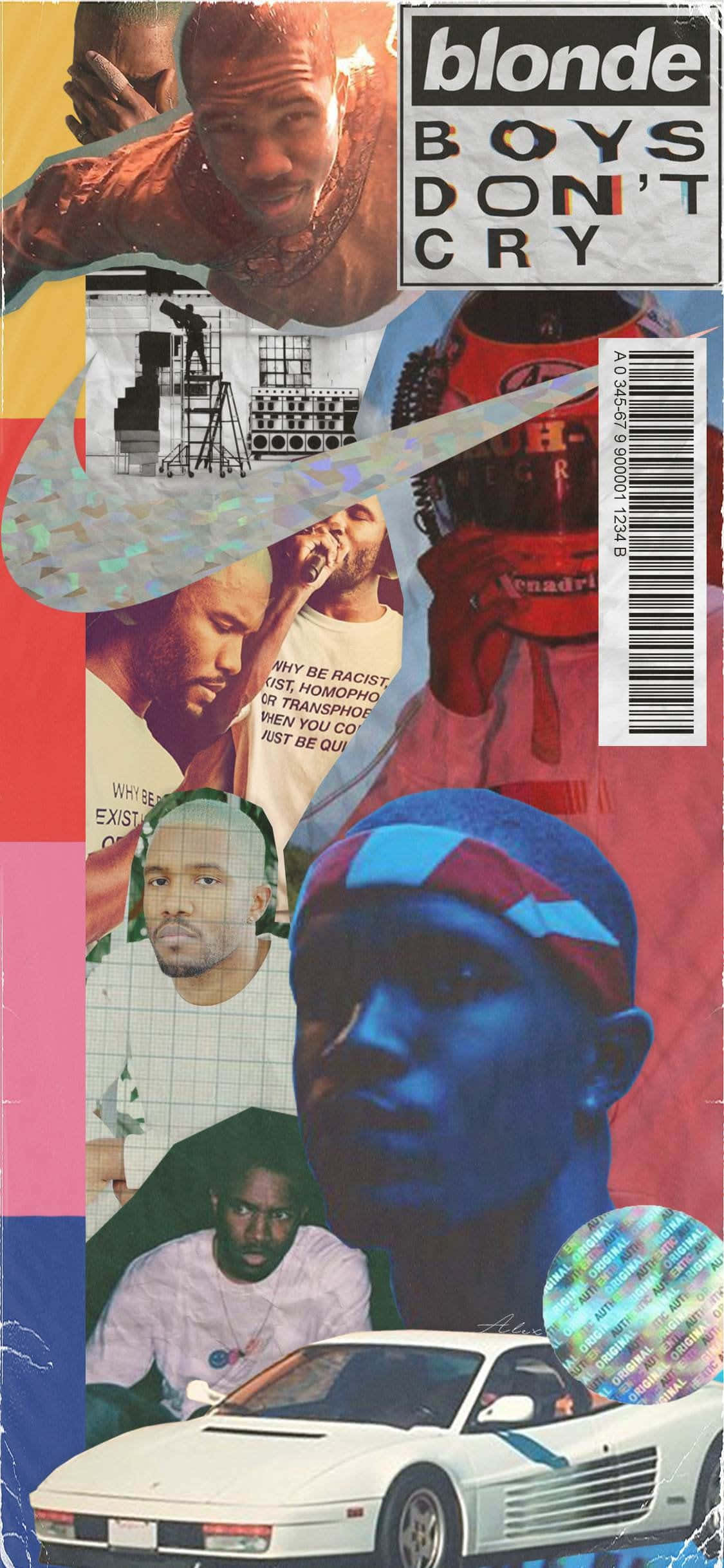 Frank Ocean 在粉紅色夢幻世界中飛翔 壁紙 — 一幅充滿活力的拼貼畫，包含黑人男性的面孔、一輛白色跑車，以及帶有故障效果的分層粗體文字疊加。