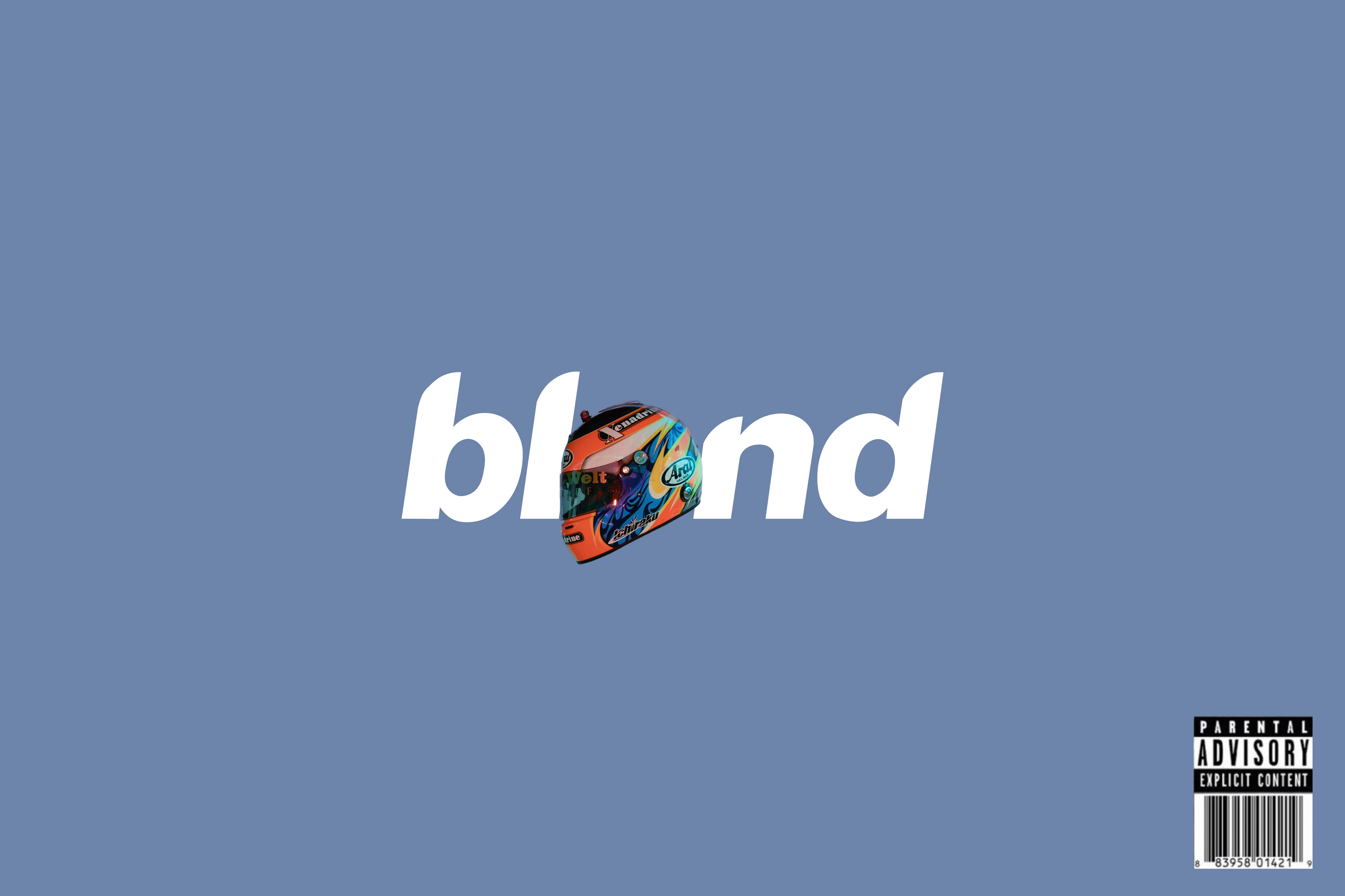 Frank Ocean 的經典造型 壁紙 — 一個鮮豔的賽車頭盔取代了單詞blond中的字母o，背景為純藍色，並帶有家長指引標籤。