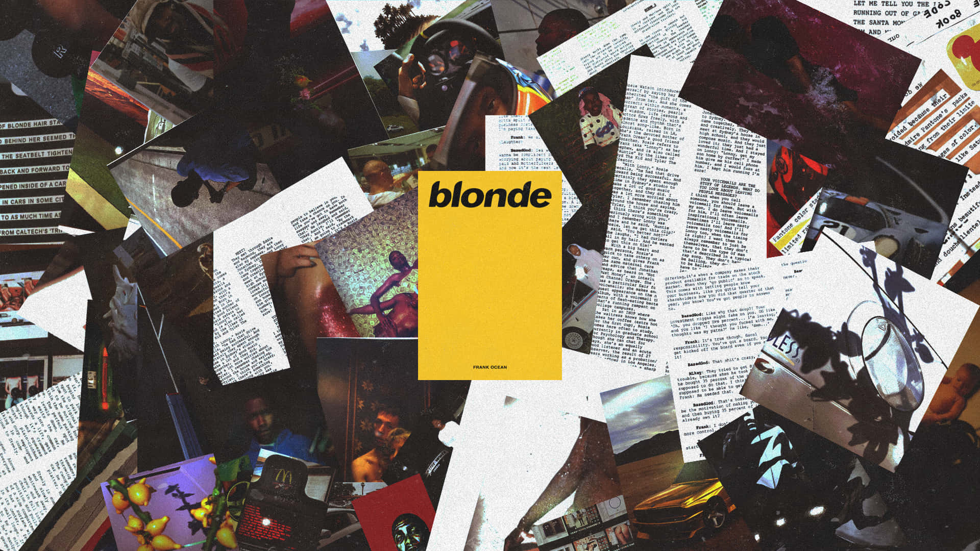 以黃色《blonde》專輯封面為中心的照片和文字片段拼貼畫。