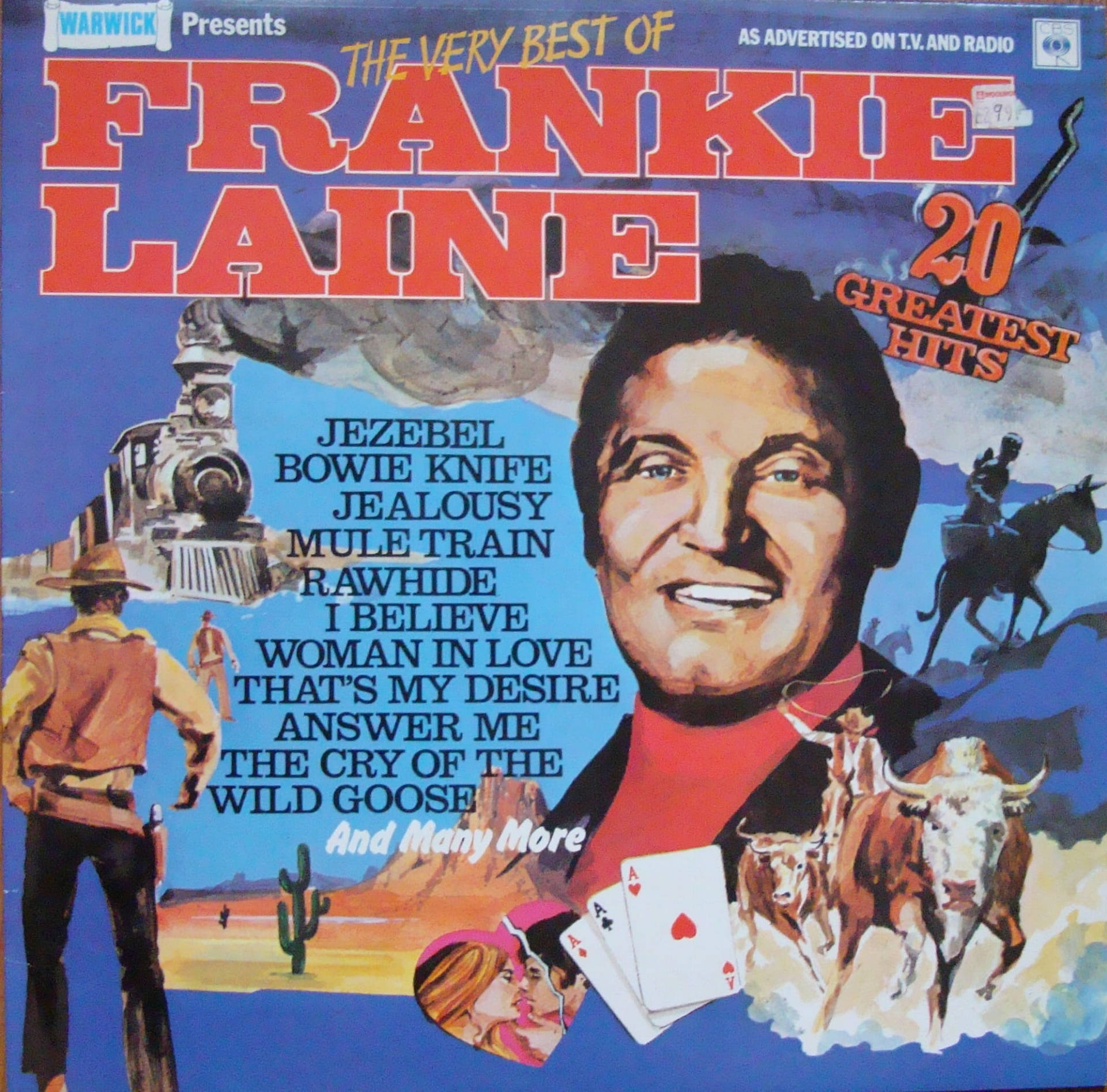 Frankie Laine 的 20 首最熱門歌曲專輯封面，帶有牛仔場景和撲克牌。
