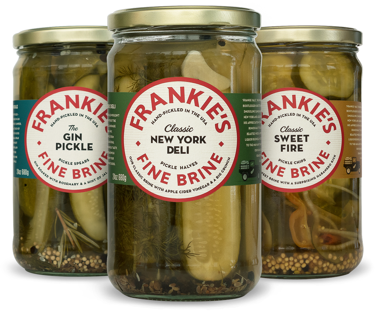 Frankie's Fine Brine 辣椒醬罐 壁紙 — 三個玻璃罐裝的Frankie's Fine Brine醃菜，口味各異，內有可見的蒔蘿籽。