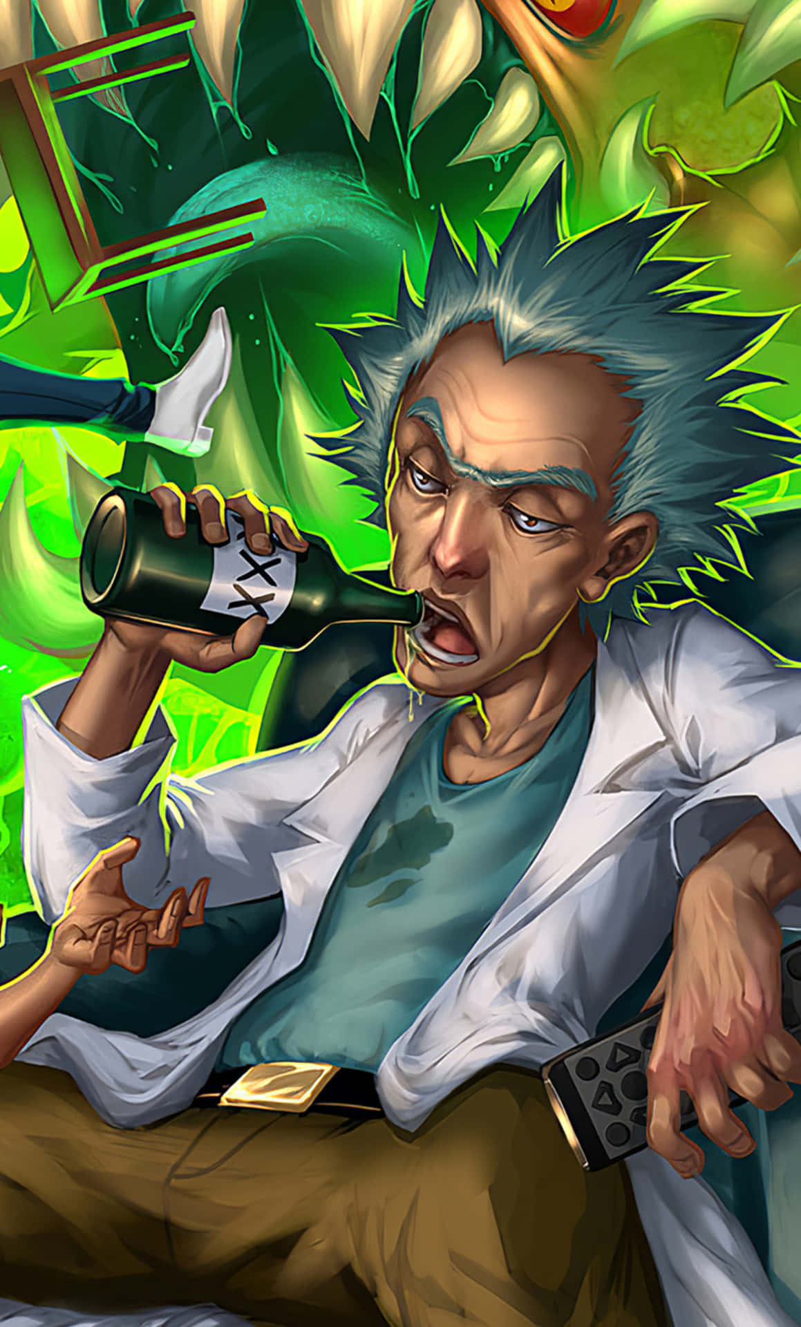  壁紙 — 一個慌張的動畫科學家，有著尖刺的藍色頭髮，從瓶子裡喝水，身後綠色能量湧動。