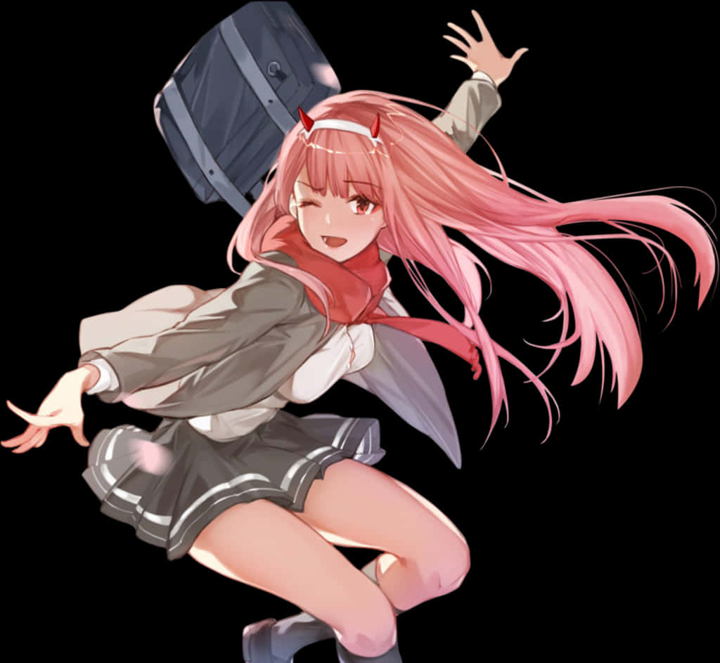 《FRANXX》零二角色躍動瞬間 壁紙 — 一個開心的動漫女孩，粉紅色頭髮和小角，在黑色背景前動態跳躍，手持大錘。