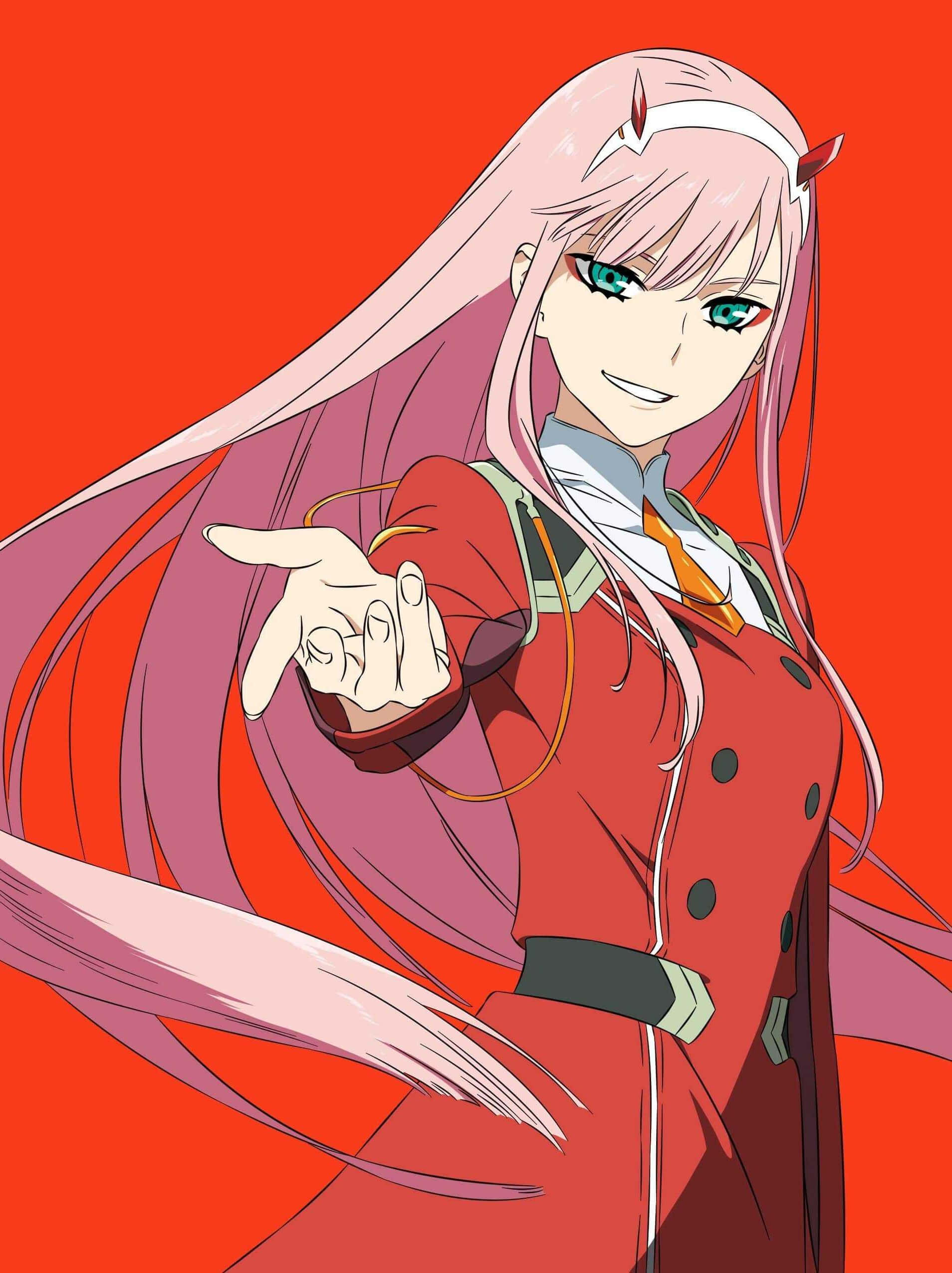 《FRANXX》中的 Zero Two 壁紙 — 一位粉紅色頭髮的動漫女孩穿著紅色外套，在純紅色背景上自信地指著。