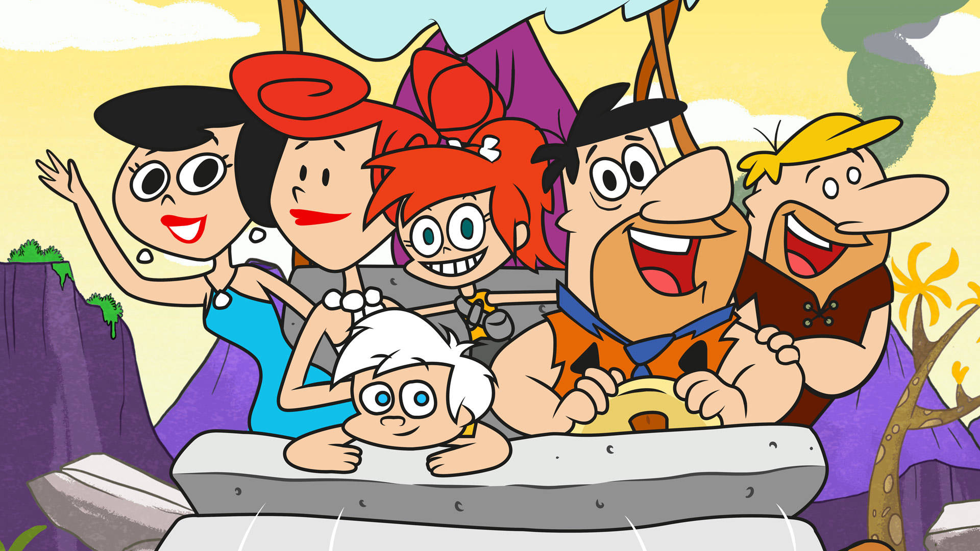 Fred Flintstone 在《Yabba Dabba Dinosaurs》 壁紙 — 《摩登原始人》一家在明亮的卡通風景中從他們的石器時代汽車裡愉快地微笑。
