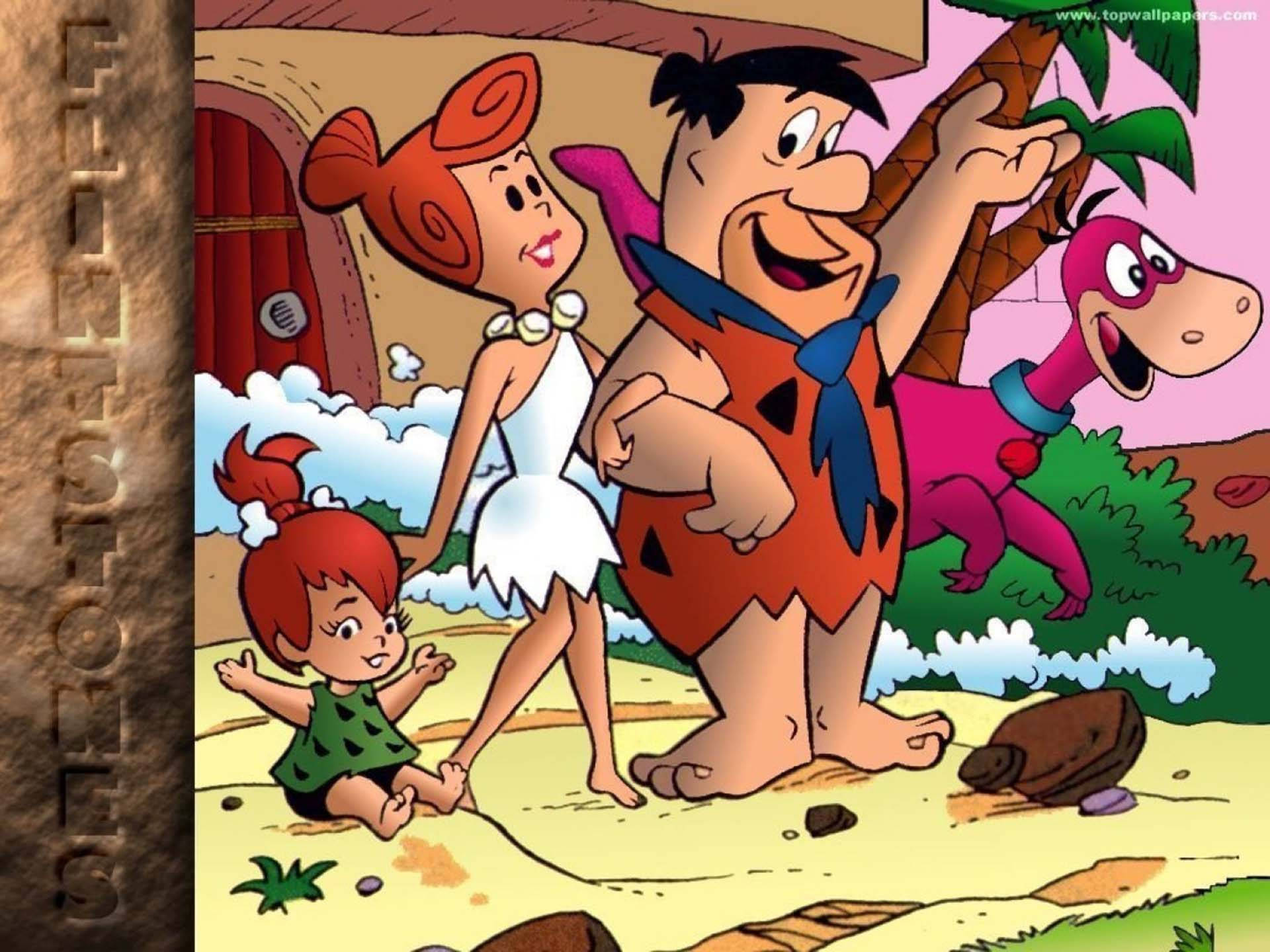 Fred Flintstone 家庭卡通藝術 壁紙 — 福林斯頓一家與粉紅色恐龍同伴愉快地走過史前景觀。