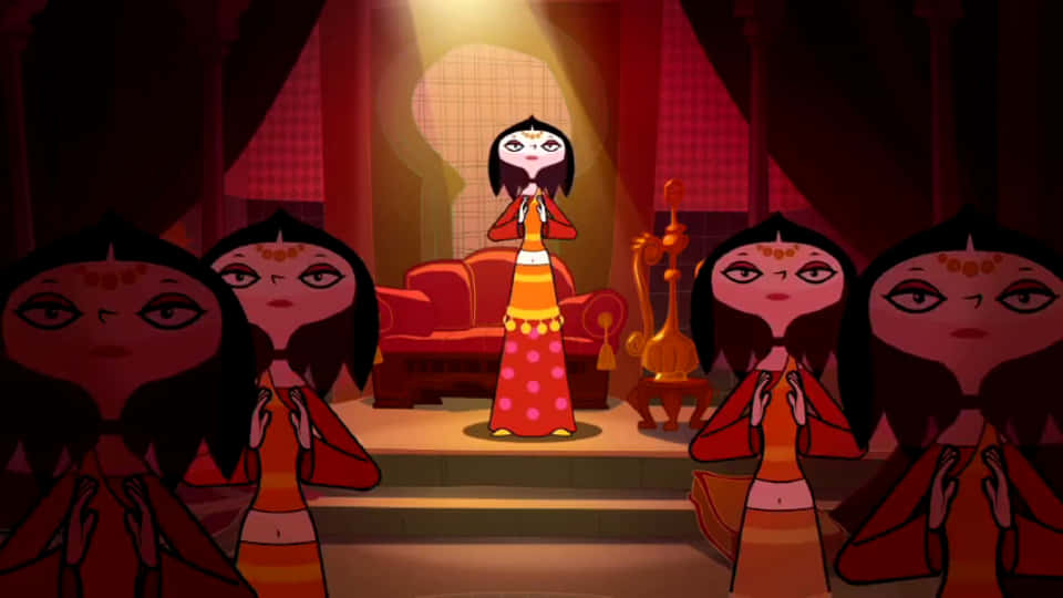 穿著紅色和橙色服裝的動畫女孩們在聚光燈下的舞台上。